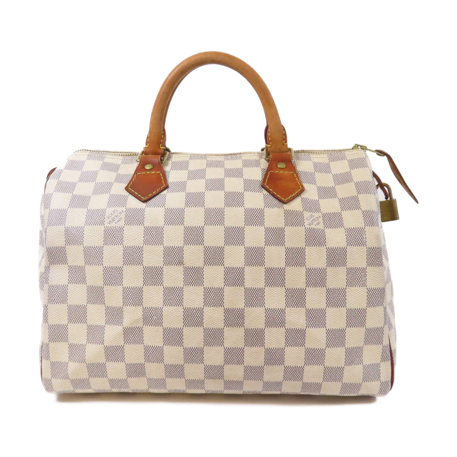 LOUIS VUITTON Damier Azur Speedy 30金扣手挽袋白色
