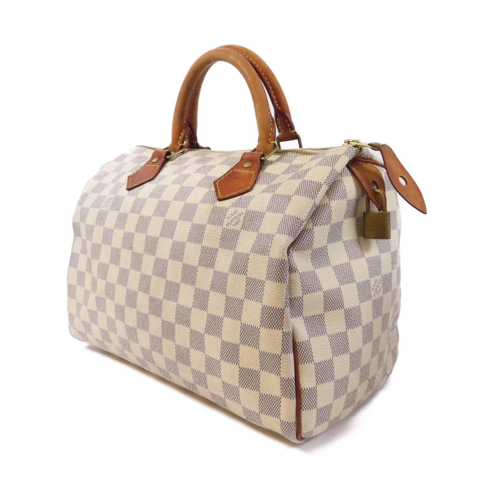 LOUIS VUITTON Damier Azur Speedy 30金扣手挽袋白色