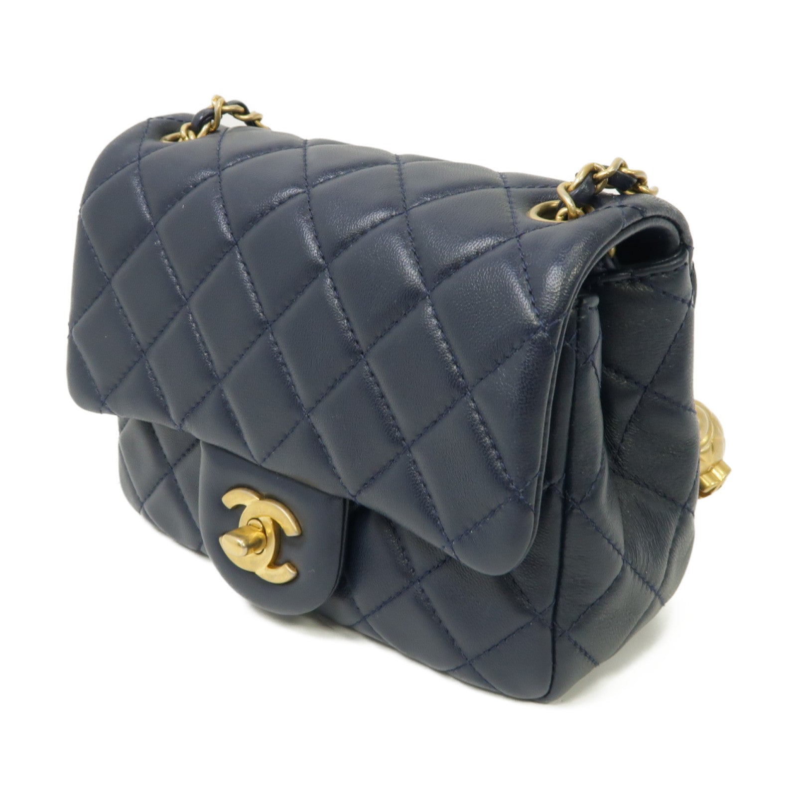 CHANEL 菱格羊皮皮革CF Mini 17cm Chain Shoulder Bag金扣鏈帶肩背袋深藍色