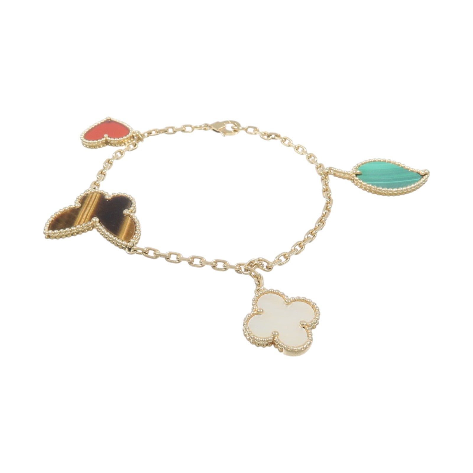 Van Cleef & Arpels 18K黃金Lucky Alhambra 4-Motif Bracelet珍珠母貝/紅玉髓/孔雀石/虎眼石手鏈
