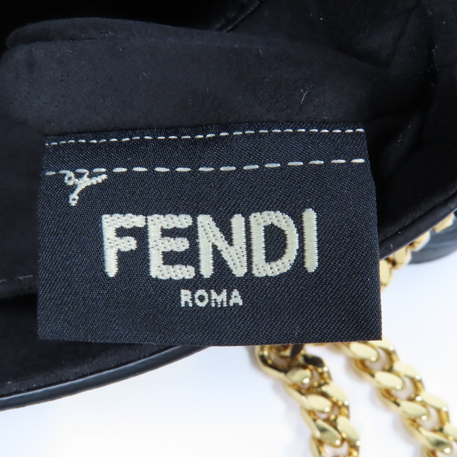 FENDI 牛皮皮革/Fur Micro Baguette Bag with Fluffy Feet金扣鏈帶肩背袋黑色