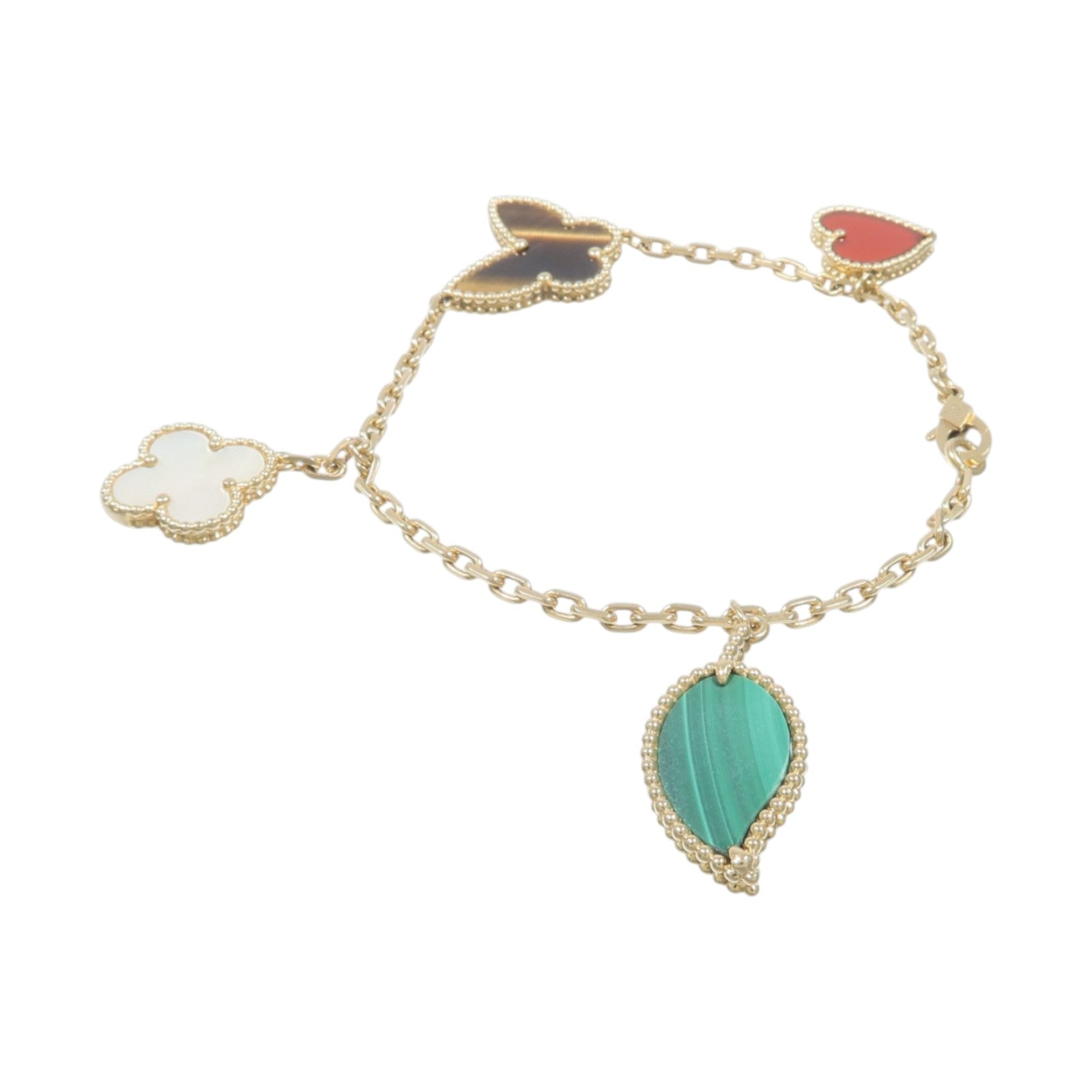 Van Cleef & Arpels 18K黃金Lucky Alhambra 4-Motif Bracelet珍珠母貝/紅玉髓/孔雀石/虎眼石手鏈