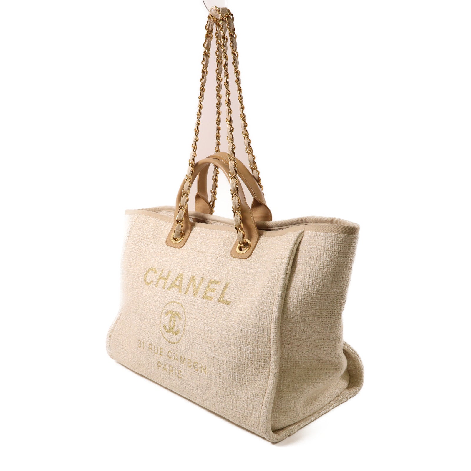 CHANEL 帆布/Straw Deauville金扣手挽肩背兩用袋