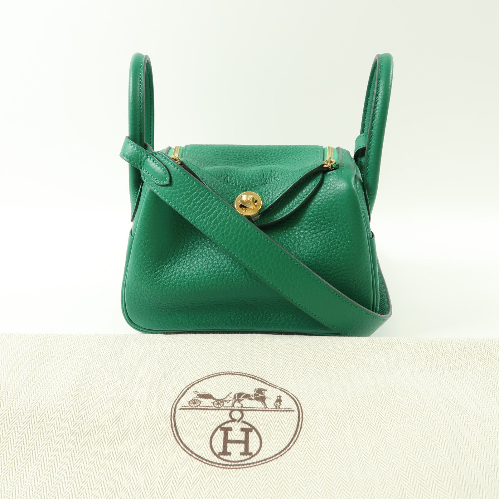 HERMES Clemence皮革Mini Lindy金扣手挽肩背兩用袋Vert Vertigo/綠色