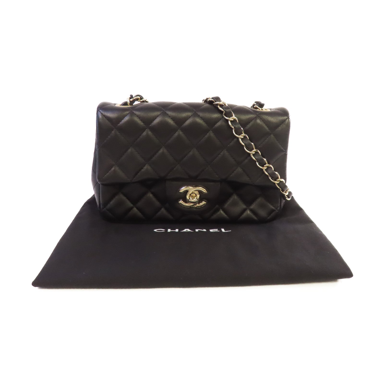 CHANEL 菱格羊皮皮革Classic 20cm Chain Shoulder Bag銀扣鏈帶肩背袋黑色