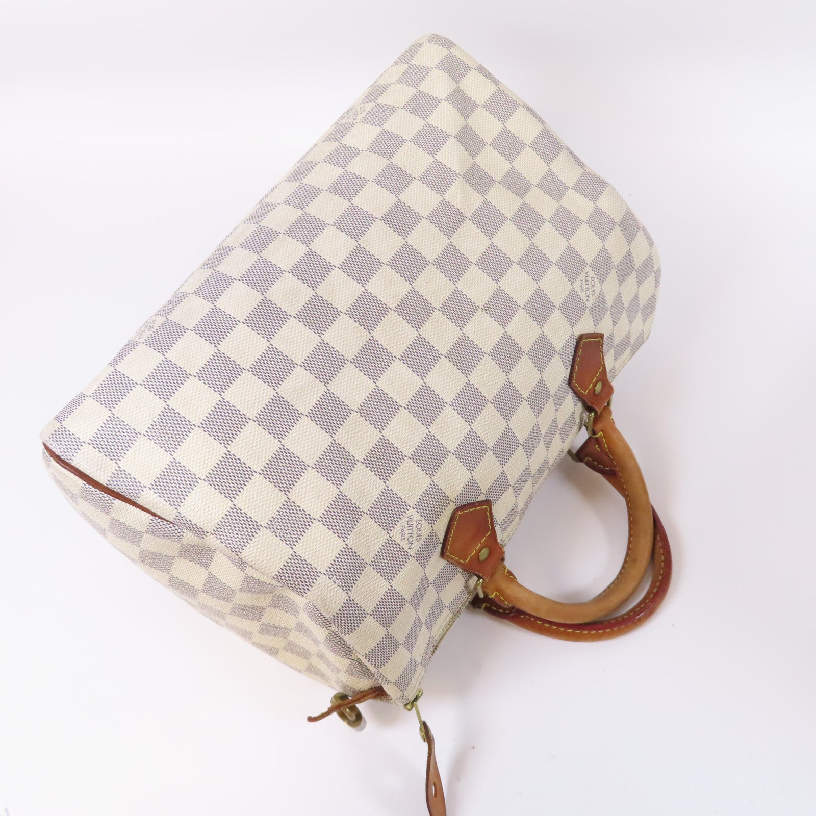 LOUIS VUITTON Damier Azur Speedy 30金扣手挽袋白色