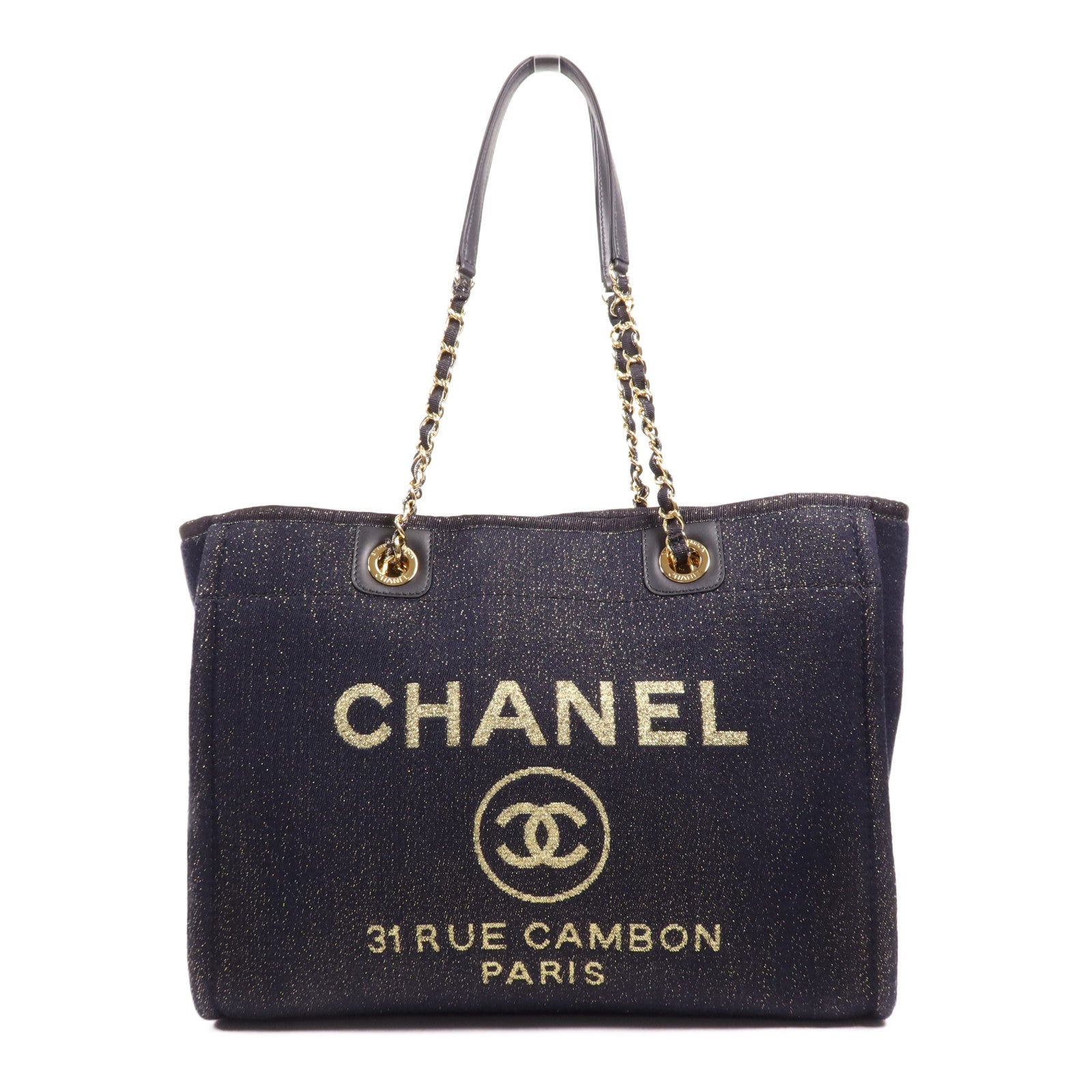 CHANEL 牛仔布Deauville Tote金扣鏈帶肩背袋