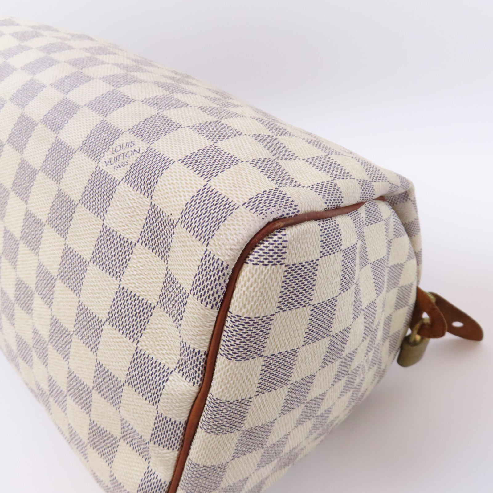 LOUIS VUITTON Damier Azur Speedy 30金扣手挽袋白色
