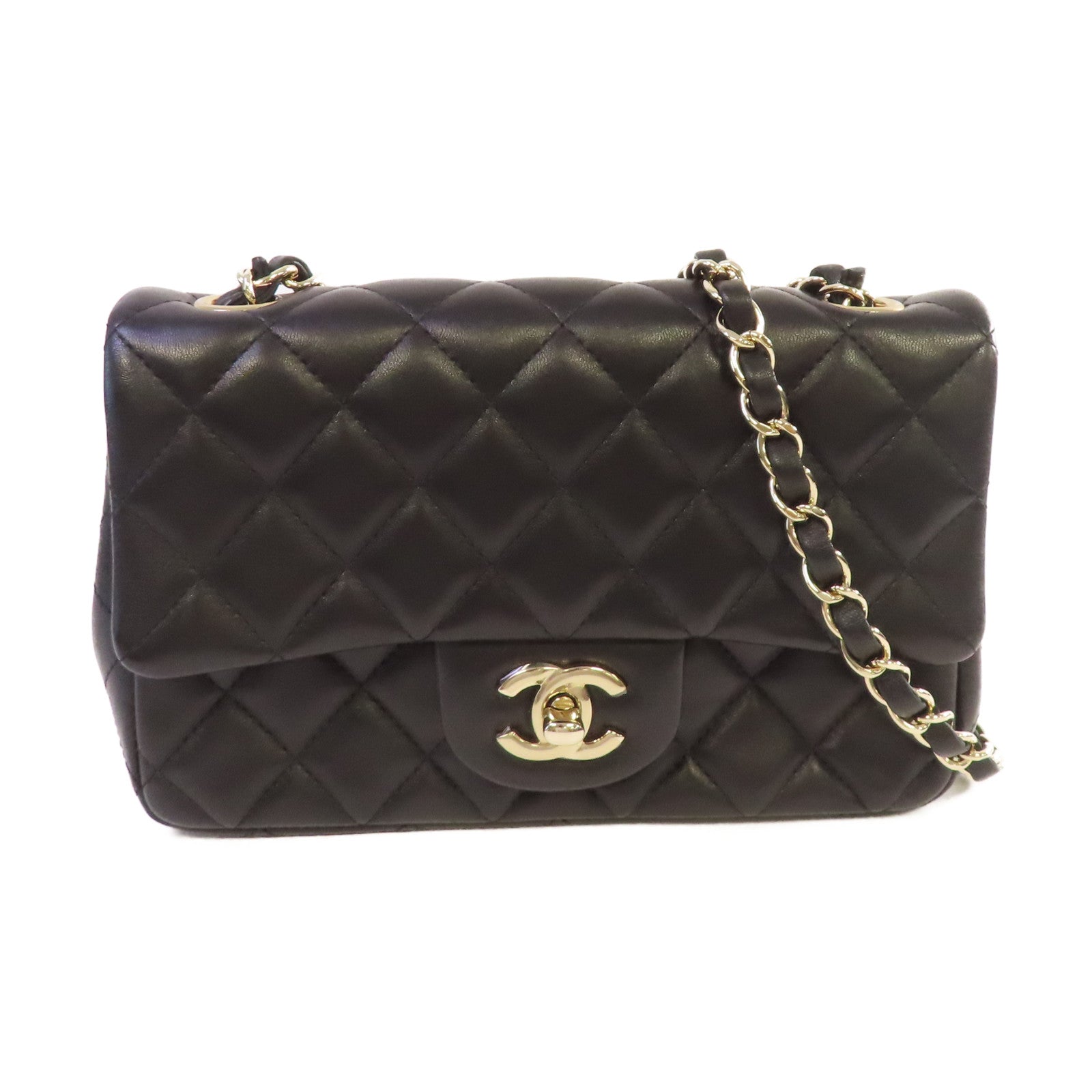 CHANEL 菱格羊皮皮革Classic 20cm Chain Shoulder Bag銀扣鏈帶肩背袋黑色
