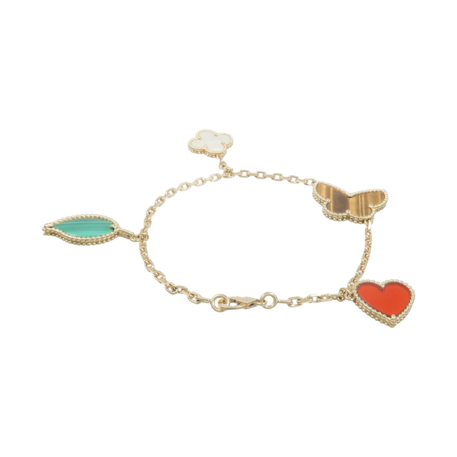 Van Cleef & Arpels 18K黃金Lucky Alhambra 4-Motif Bracelet珍珠母貝/紅玉髓/孔雀石/虎眼石手鏈