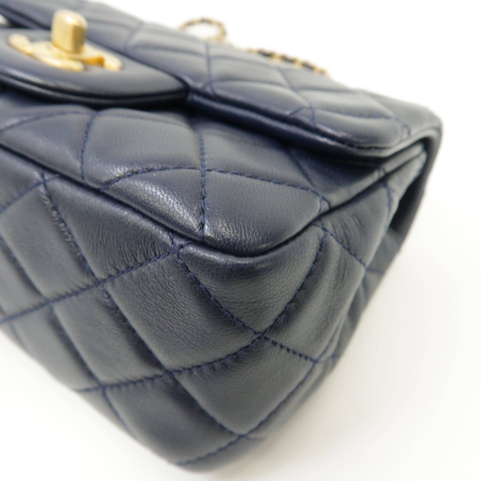 CHANEL 菱格羊皮皮革CF Mini 17cm Chain Shoulder Bag金扣鏈帶肩背袋深藍色