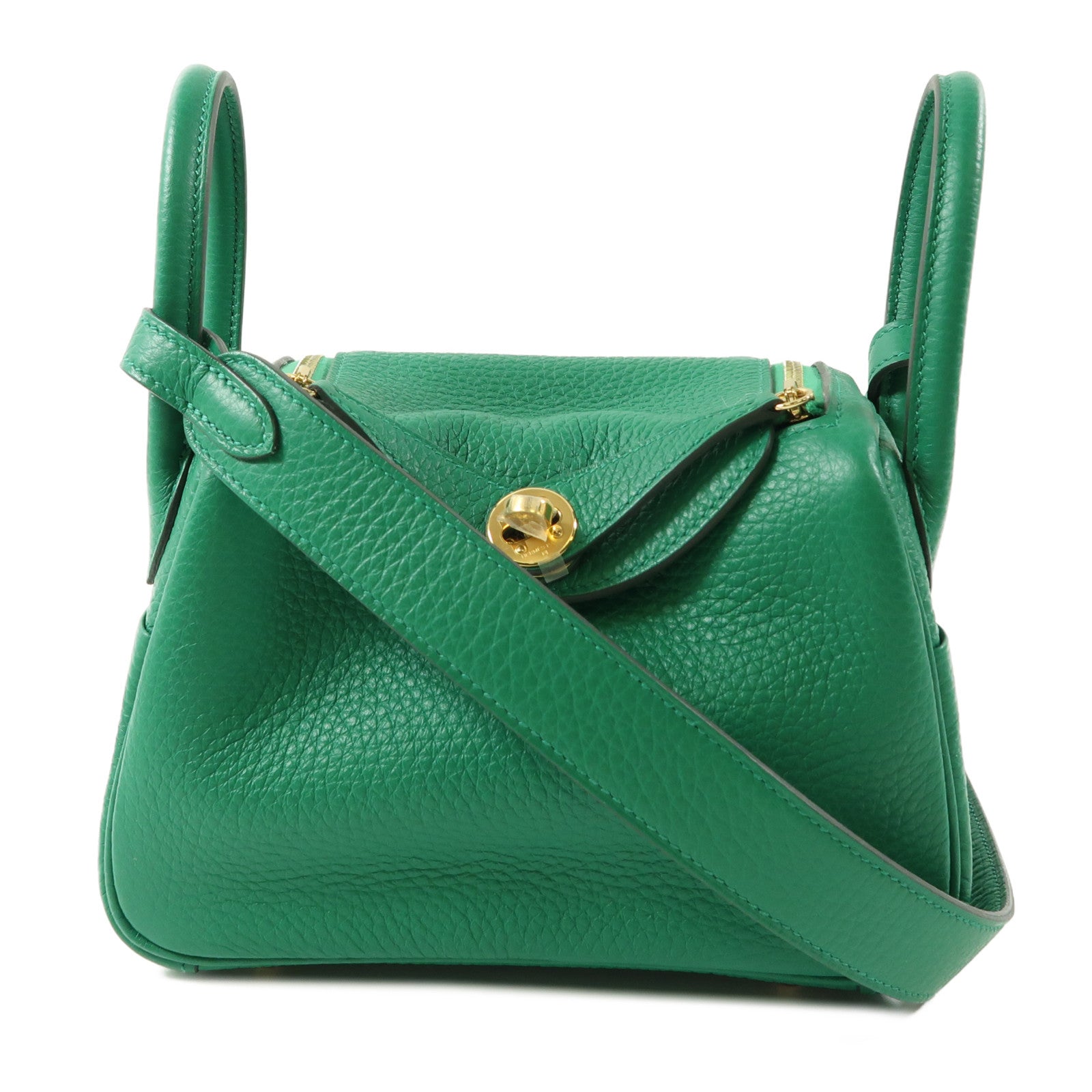 HERMES Clemence皮革Mini Lindy金扣手挽肩背兩用袋Vert Vertigo/綠色