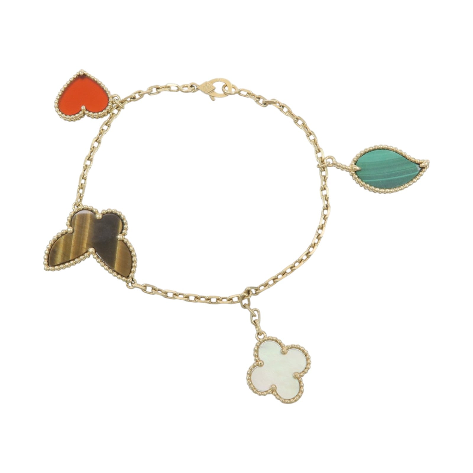 Van Cleef & Arpels 18K黃金Lucky Alhambra 4-Motif Bracelet珍珠母貝/紅玉髓/孔雀石/虎眼石手鏈