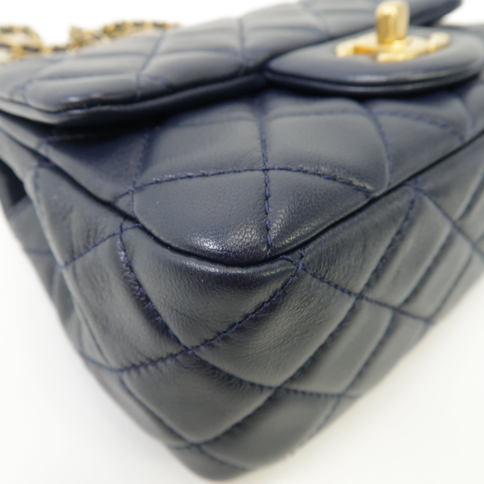 CHANEL 菱格羊皮皮革CF Mini 17cm Chain Shoulder Bag金扣鏈帶肩背袋深藍色
