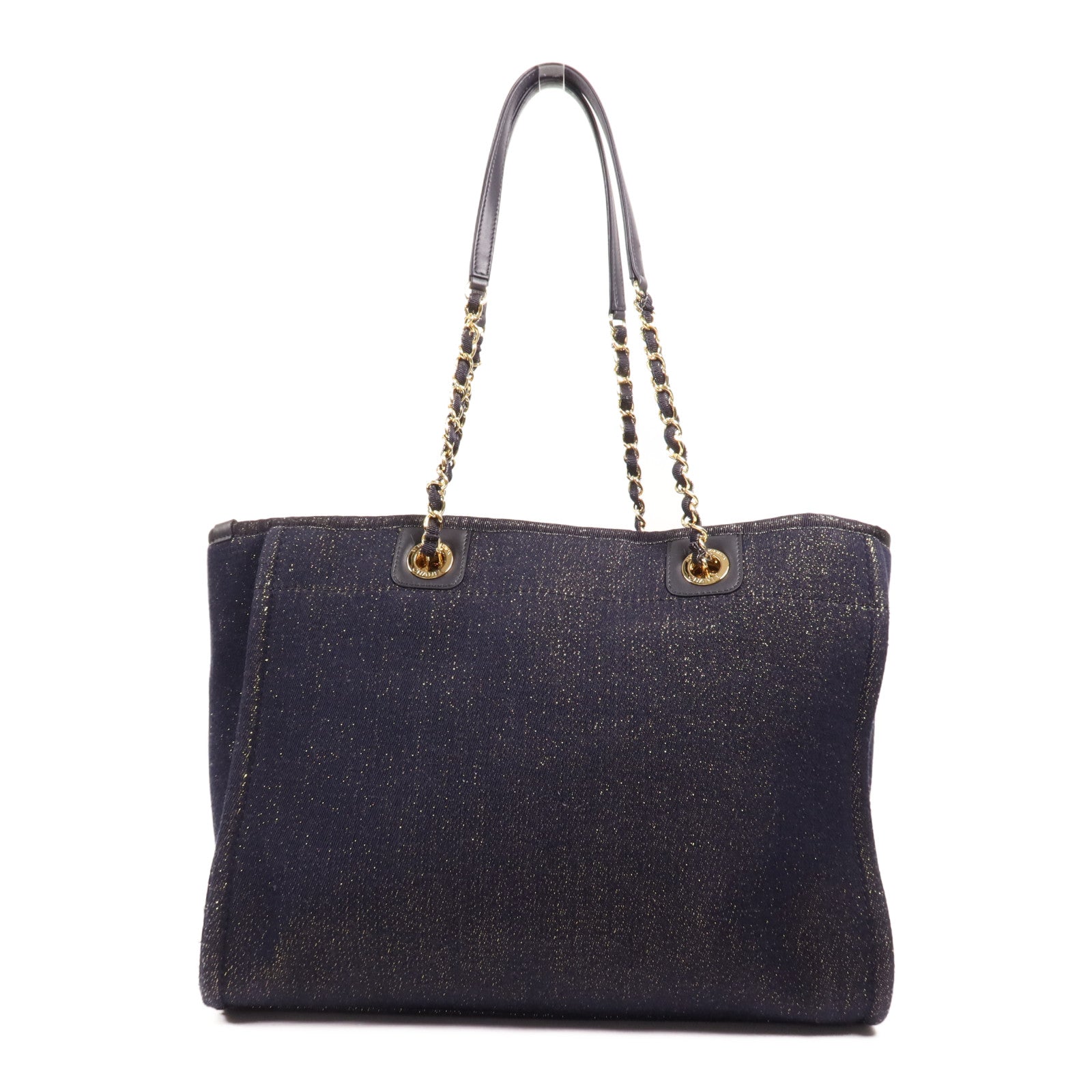 CHANEL 牛仔布Deauville Tote金扣鏈帶肩背袋