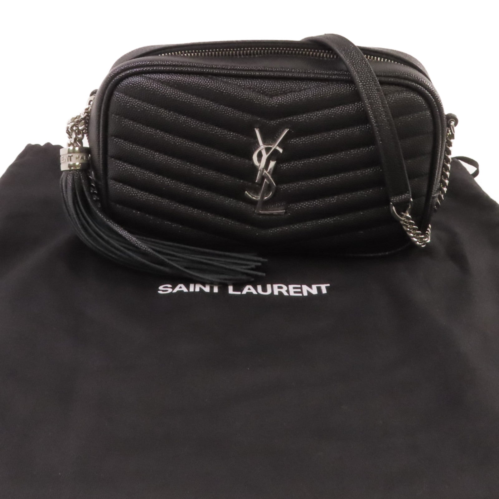 SAINT LAURENT 斜紋牛皮皮革Camera Shoulder Bag銀扣鏈帶肩背黑色