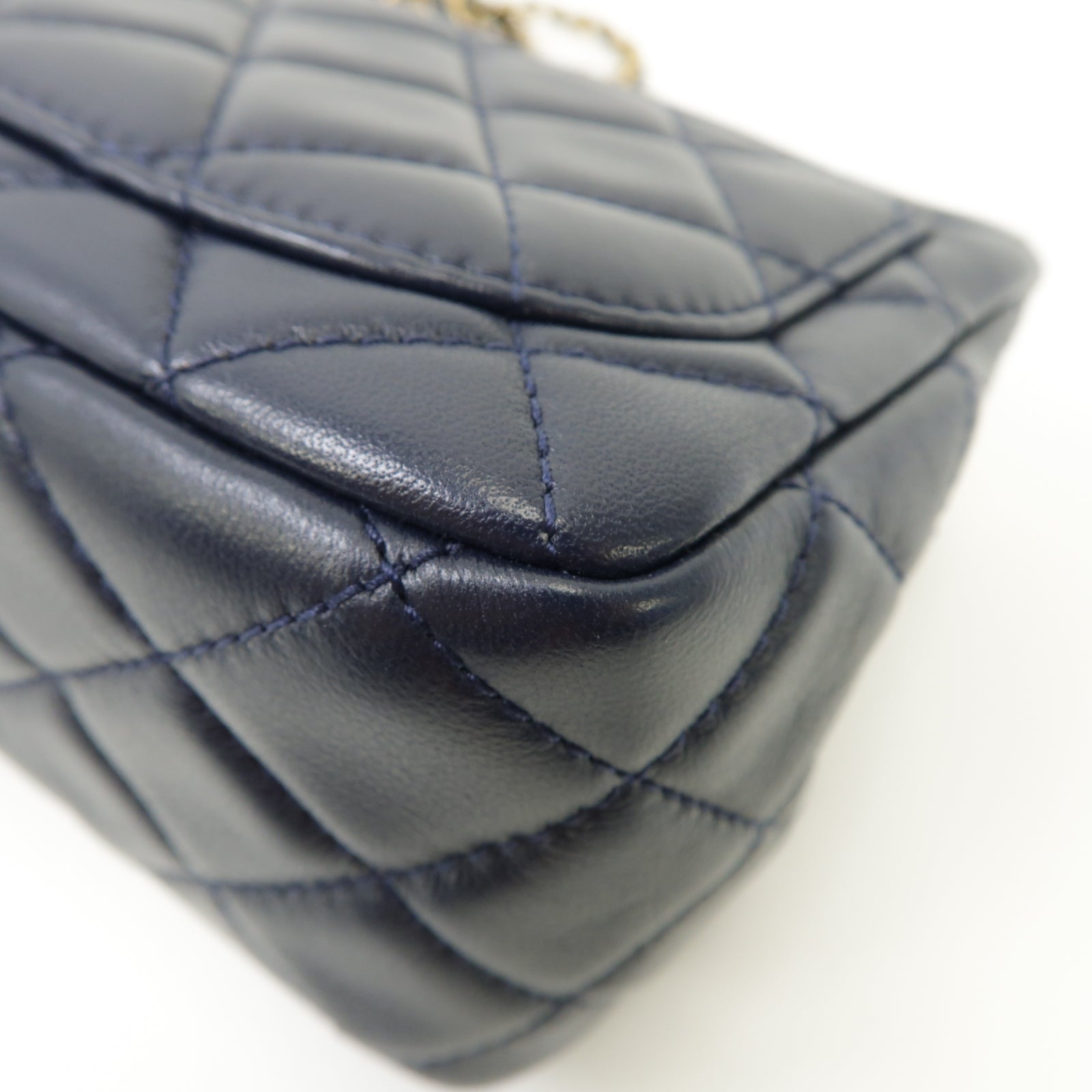 CHANEL 菱格羊皮皮革CF Mini 17cm Chain Shoulder Bag金扣鏈帶肩背袋深藍色
