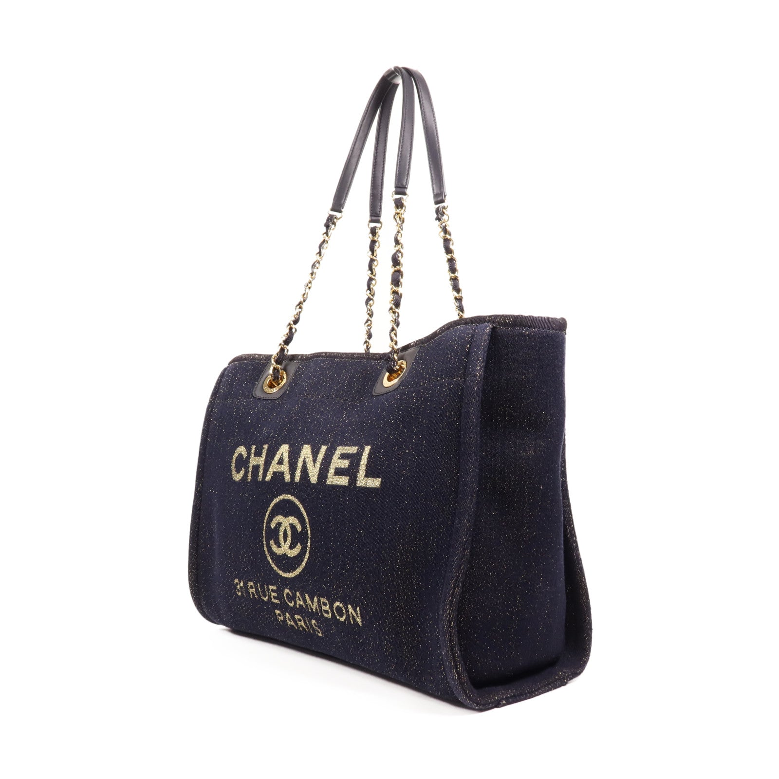 CHANEL 牛仔布Deauville Tote金扣鏈帶肩背袋