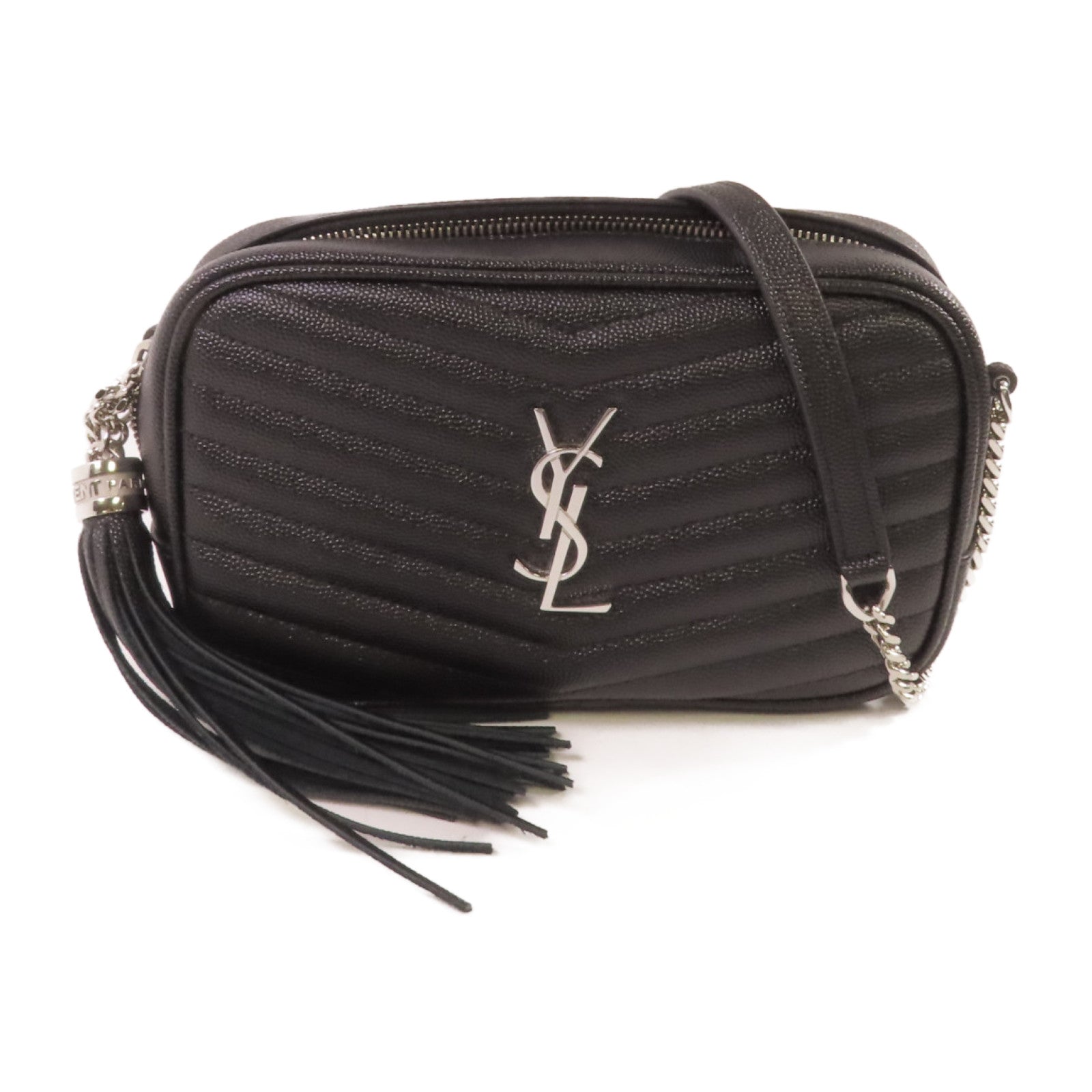SAINT LAURENT 斜紋牛皮皮革Camera Shoulder Bag銀扣鏈帶肩背黑色