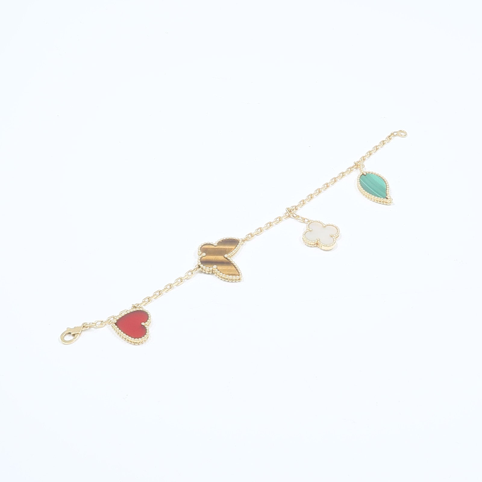 Van Cleef & Arpels 18K黃金Lucky Alhambra 4-Motif Bracelet珍珠母貝/紅玉髓/孔雀石/虎眼石手鏈