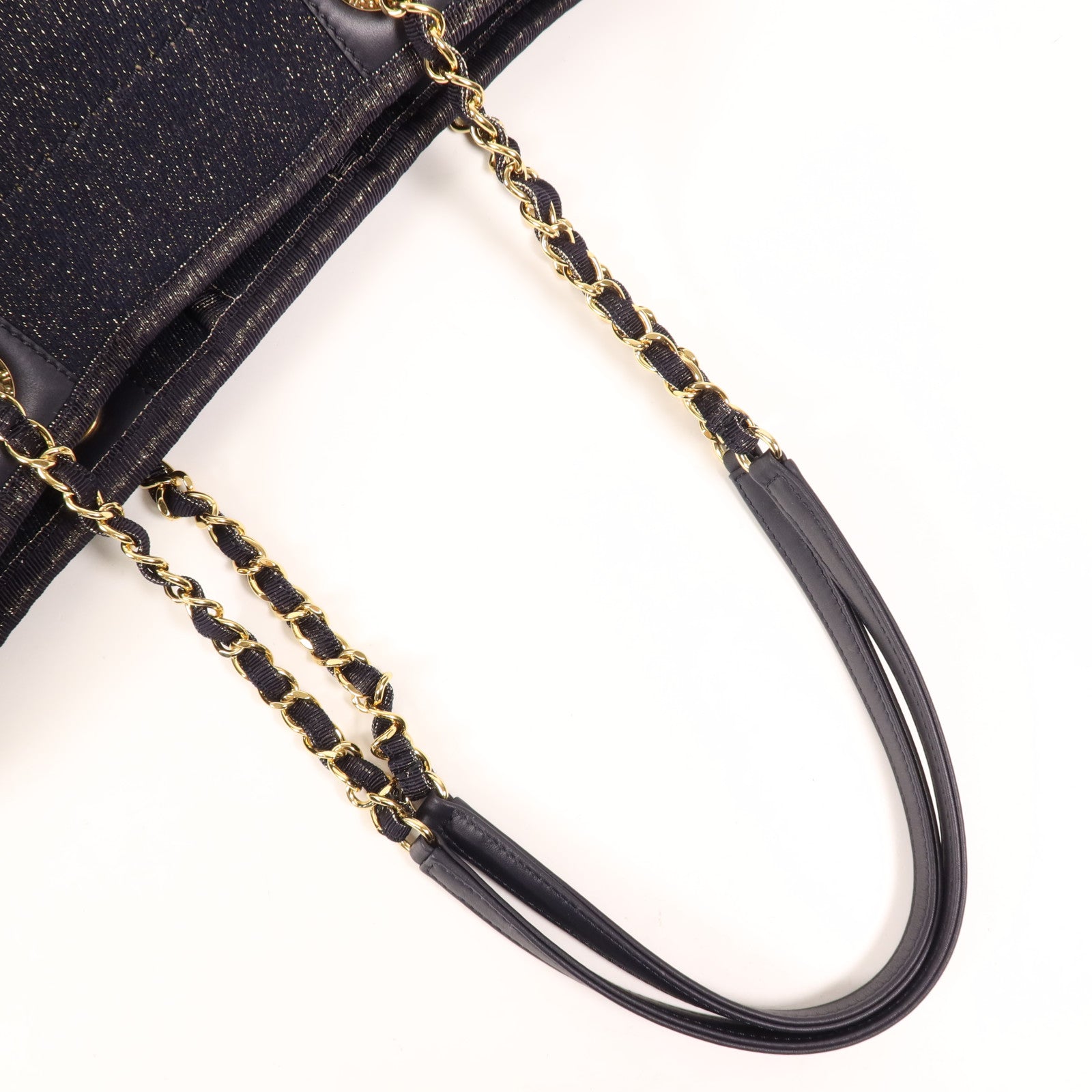 CHANEL 牛仔布Deauville Tote金扣鏈帶肩背袋