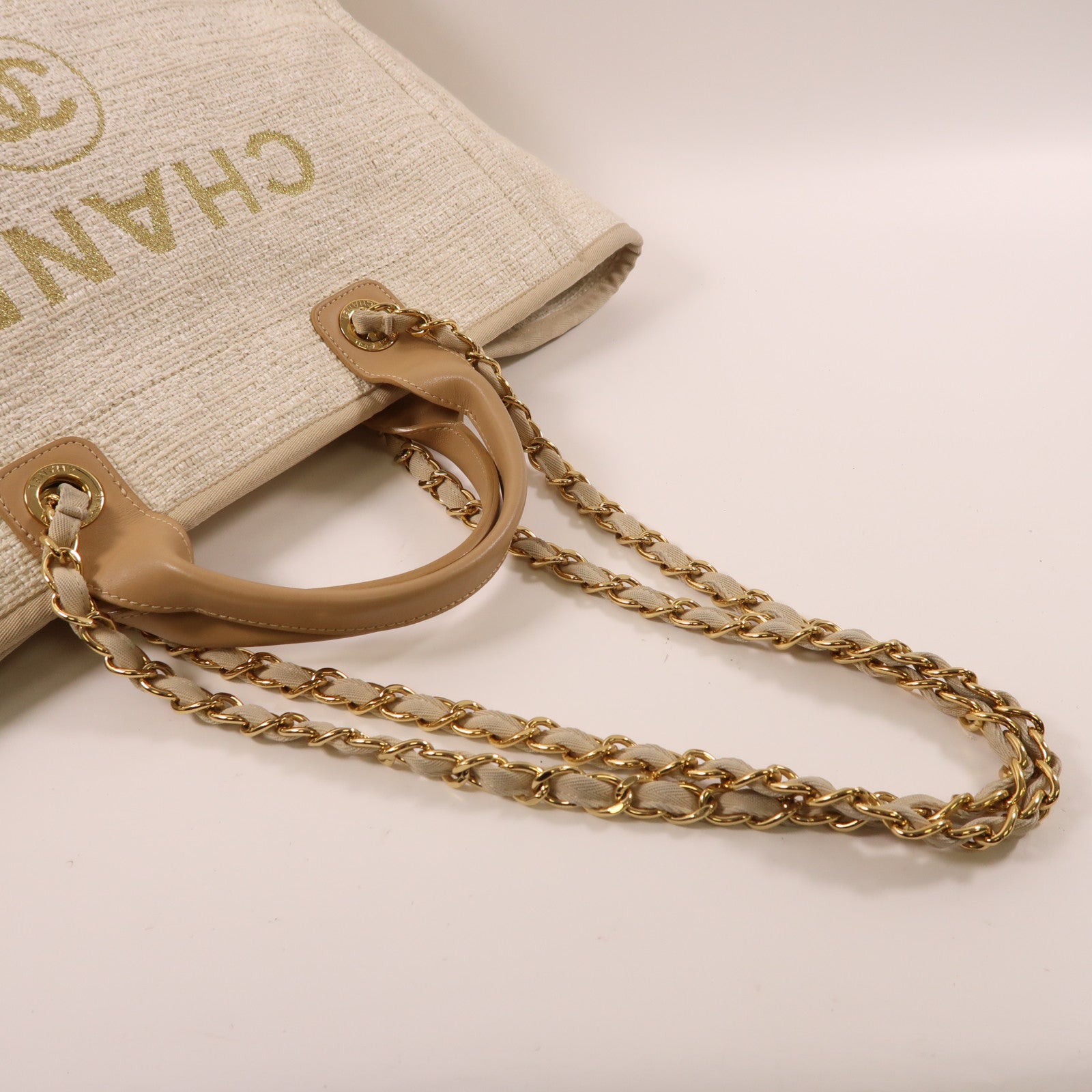 CHANEL 帆布/Straw Deauville金扣手挽肩背兩用袋