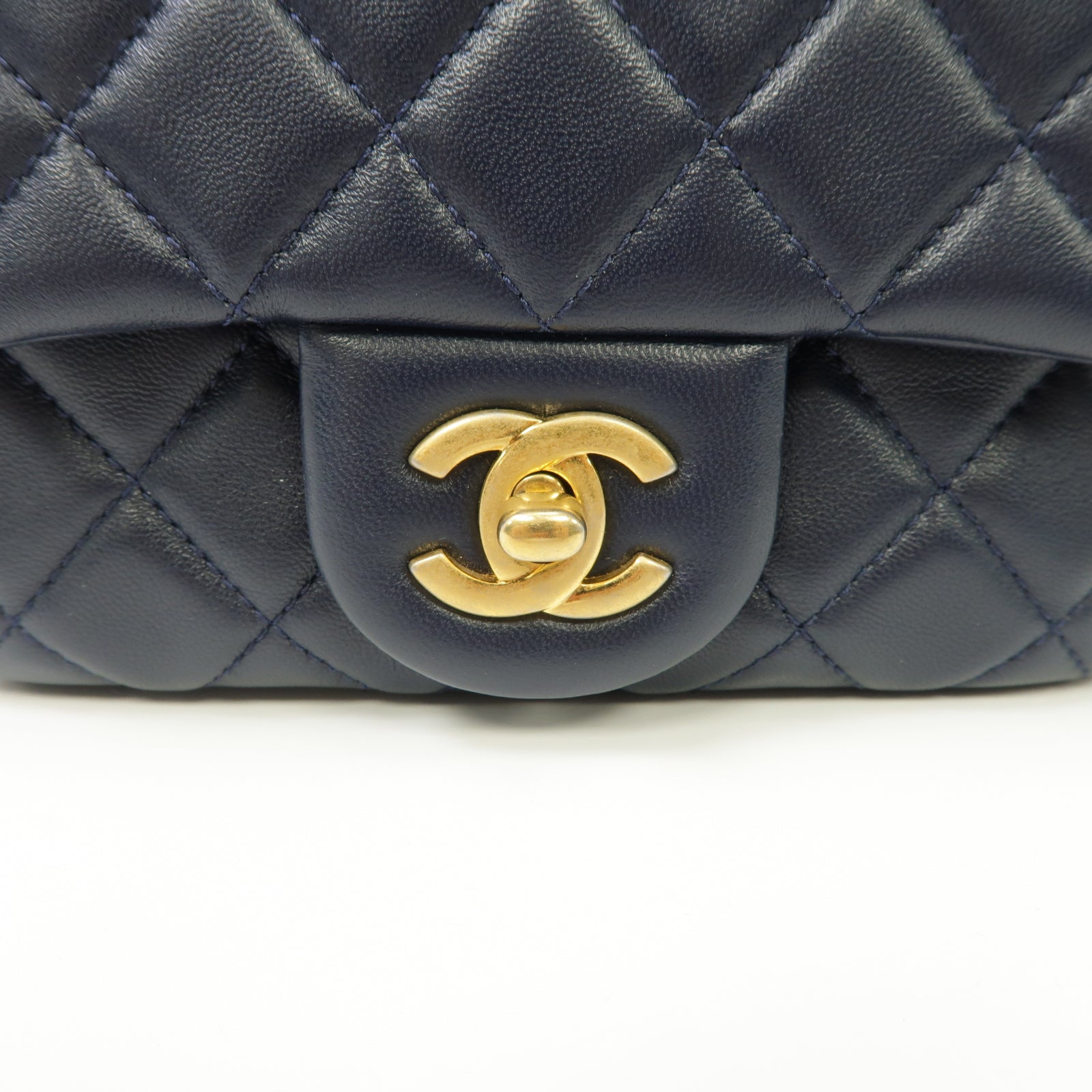 CHANEL 菱格羊皮皮革CF Mini 17cm Chain Shoulder Bag金扣鏈帶肩背袋深藍色