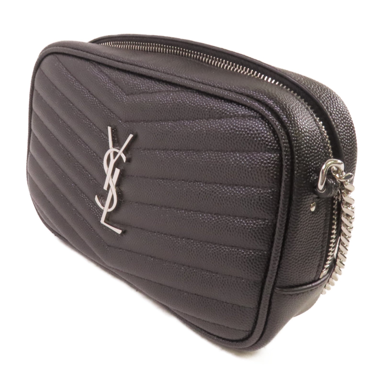 SAINT LAURENT 斜紋牛皮皮革Camera Shoulder Bag銀扣鏈帶肩背黑色