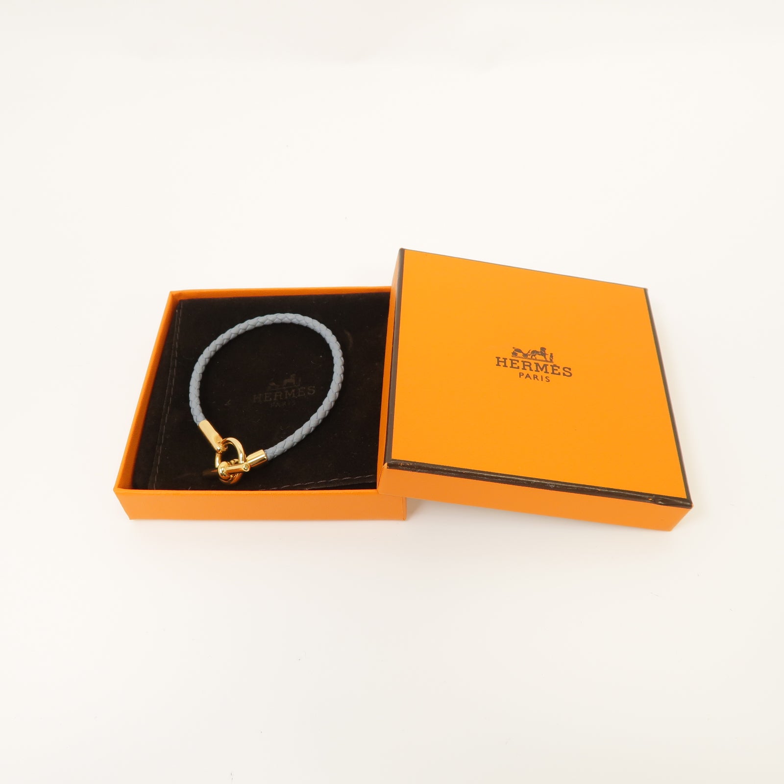 HERMES 牛皮皮革Glenan Bracelet金扣手鐲灰色