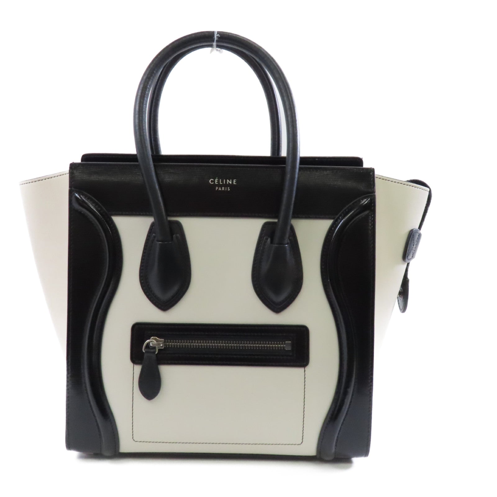 CELINE 牛皮皮革Micro Luggage銀扣手挽袋白色/黑色
