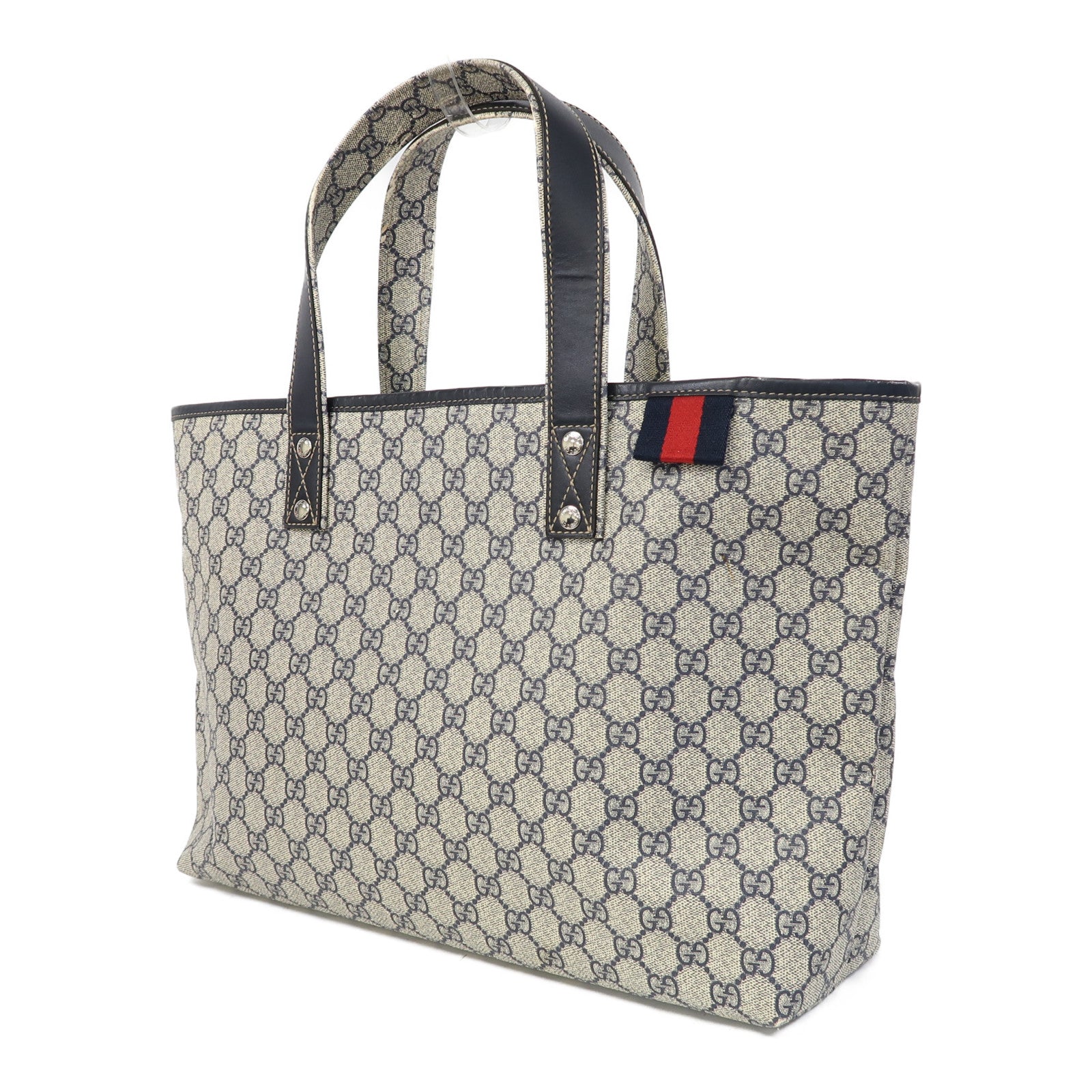 GUCCI 塗層帆布Tote Bag銀扣肩背袋啡色/藍色