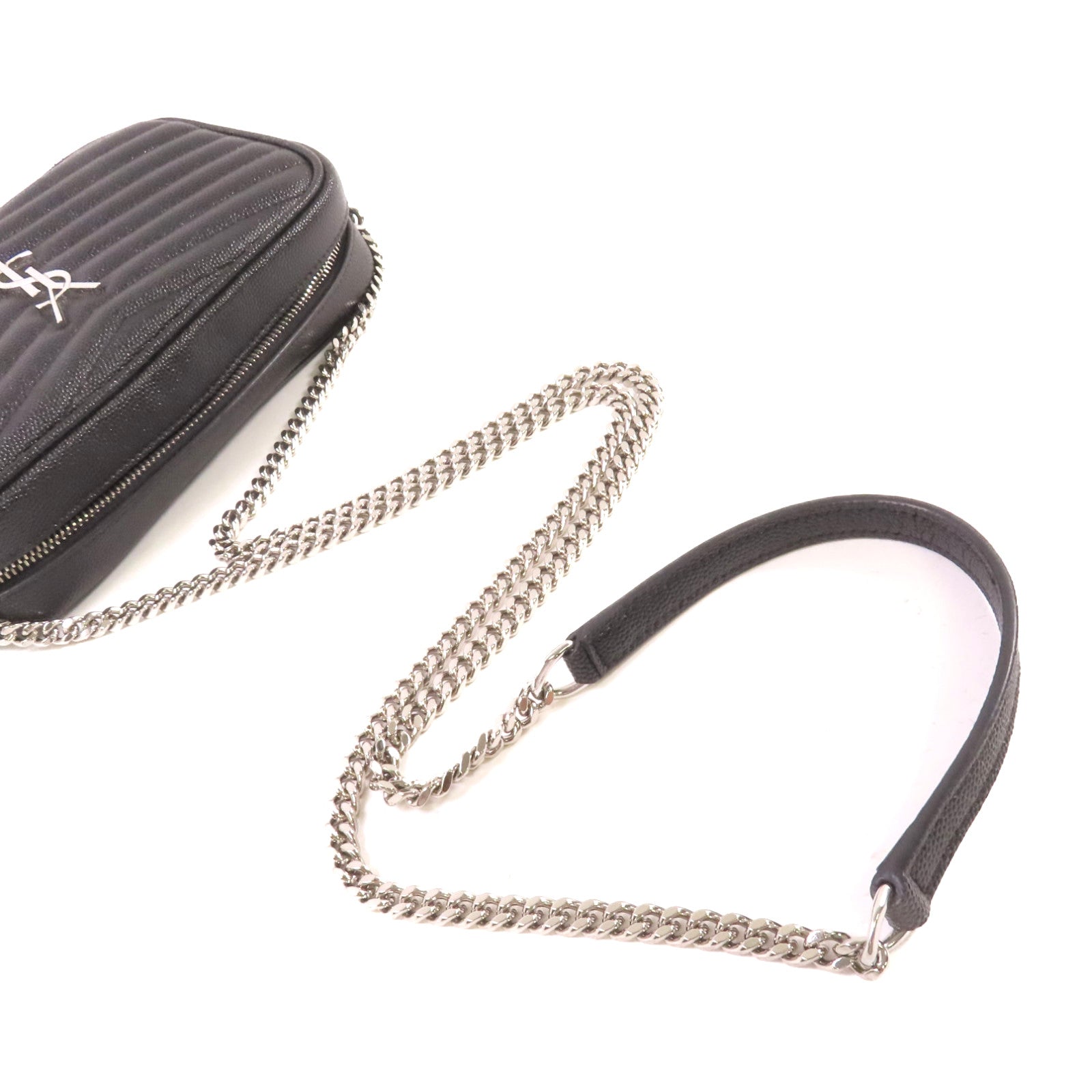 SAINT LAURENT 斜紋牛皮皮革Camera Shoulder Bag銀扣鏈帶肩背黑色