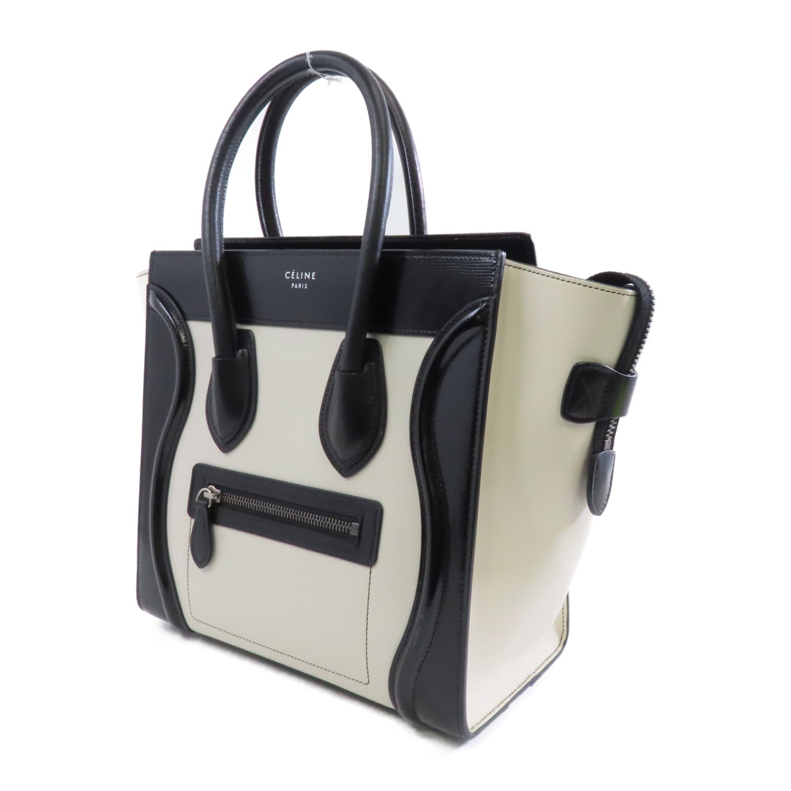 CELINE 牛皮皮革Micro Luggage銀扣手挽袋白色/黑色