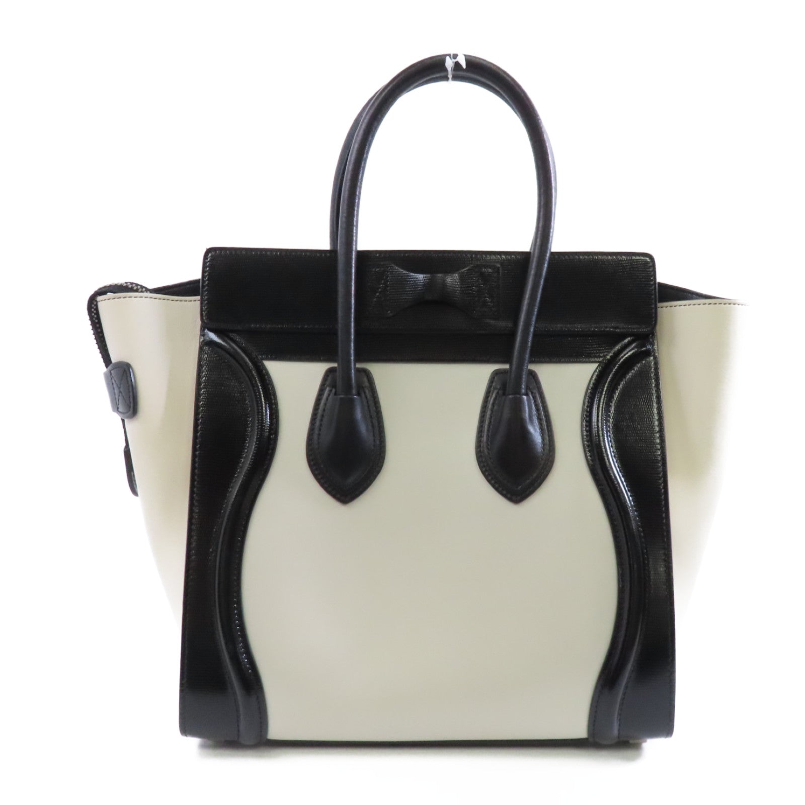 CELINE 牛皮皮革Micro Luggage銀扣手挽袋白色/黑色
