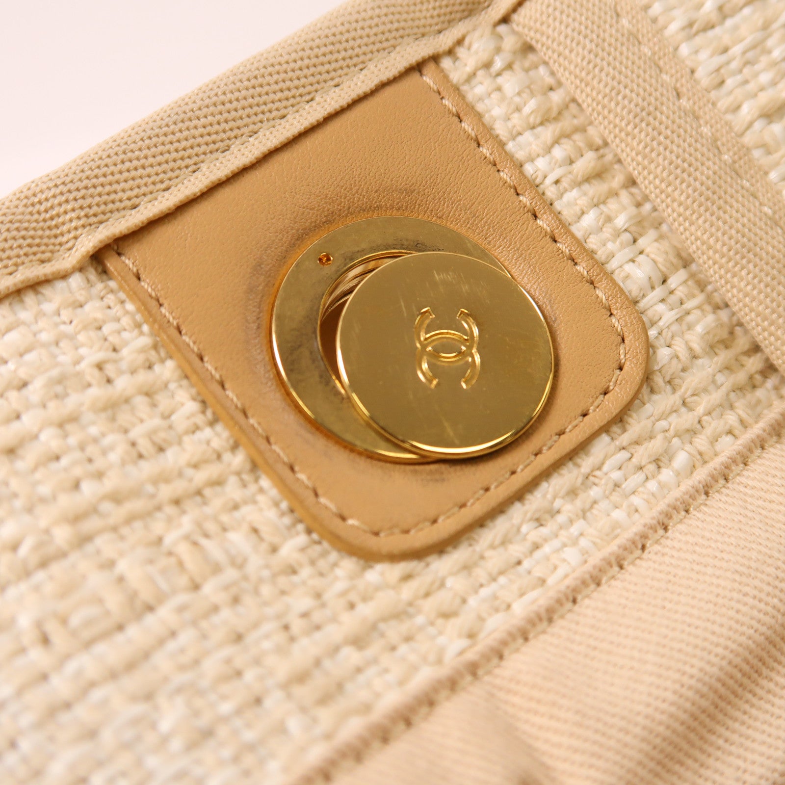 CHANEL 帆布/Straw Deauville金扣手挽肩背兩用袋