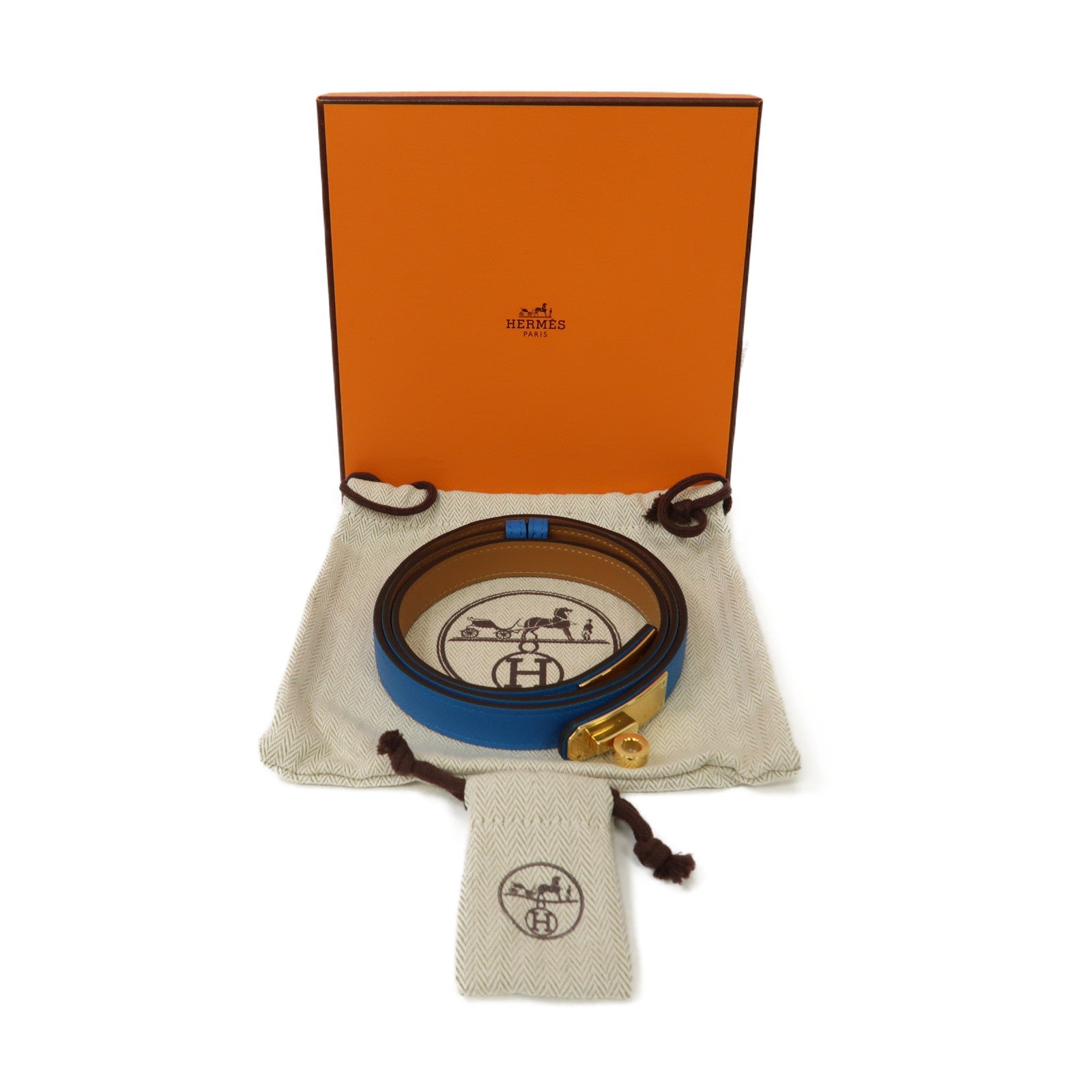 HERMES 皮革Kelly 18 Belt金扣皮帶藍色