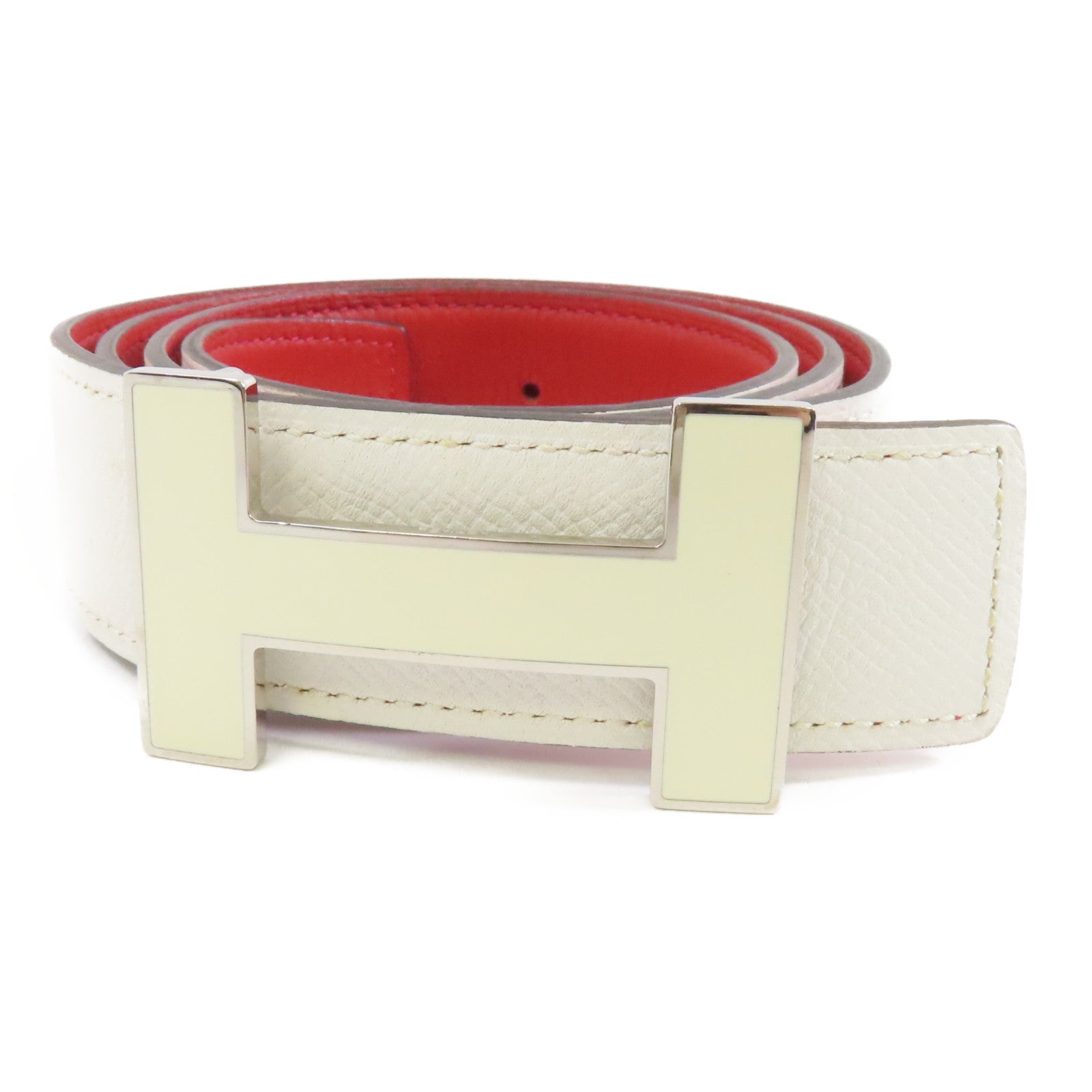 HERMES Epsom皮革H Belt 85cm銀扣皮帶白色