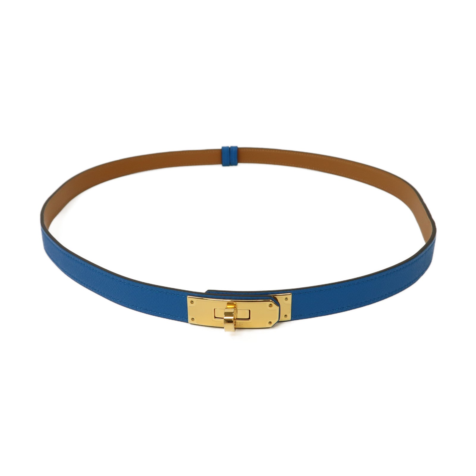 HERMES 皮革Kelly 18 Belt金扣皮帶藍色