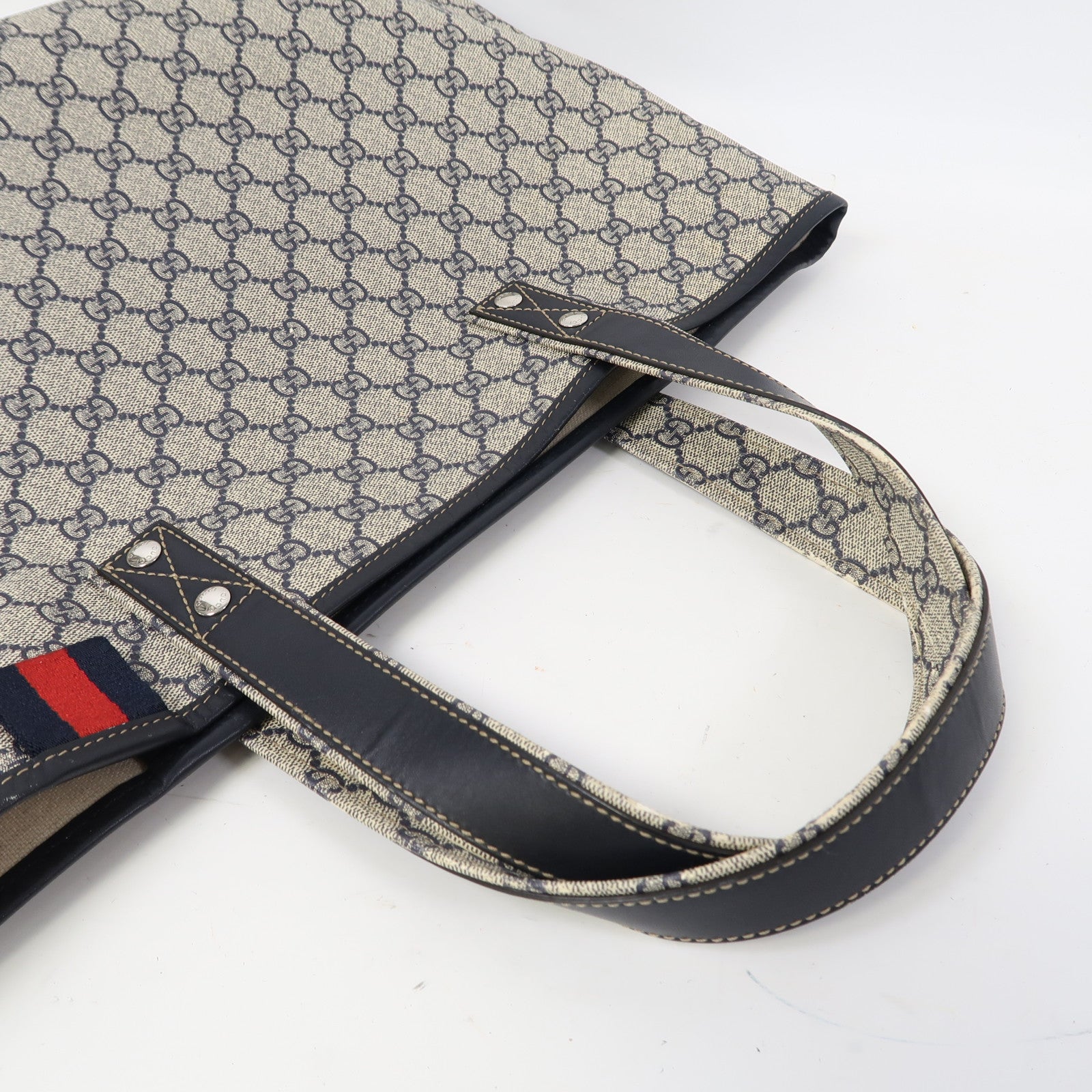 GUCCI 塗層帆布Tote Bag銀扣肩背袋啡色/藍色