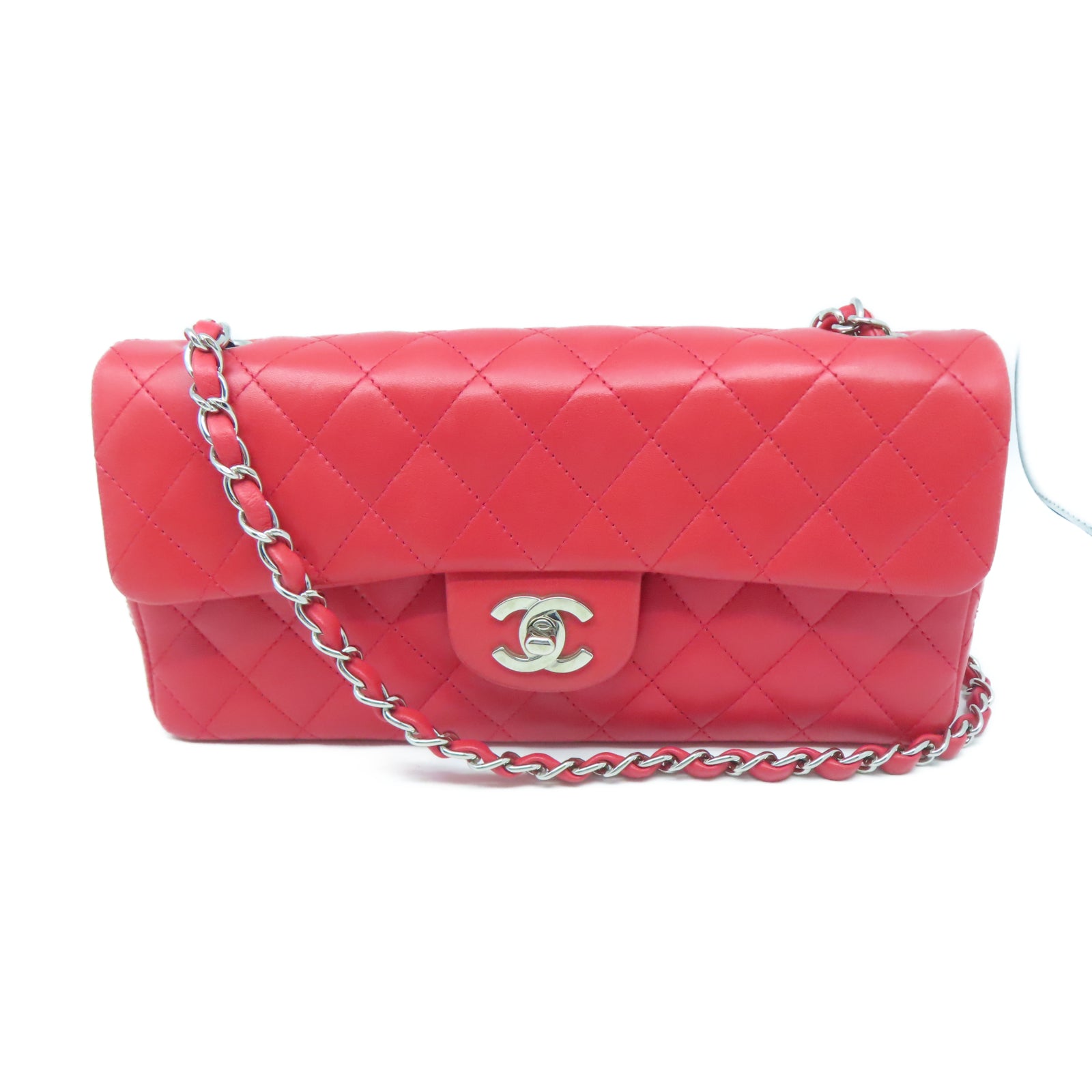 CHANEL 【清倉大減價】菱格牛皮皮革Shoulder Bag銀扣鏈帶肩背袋紅色
