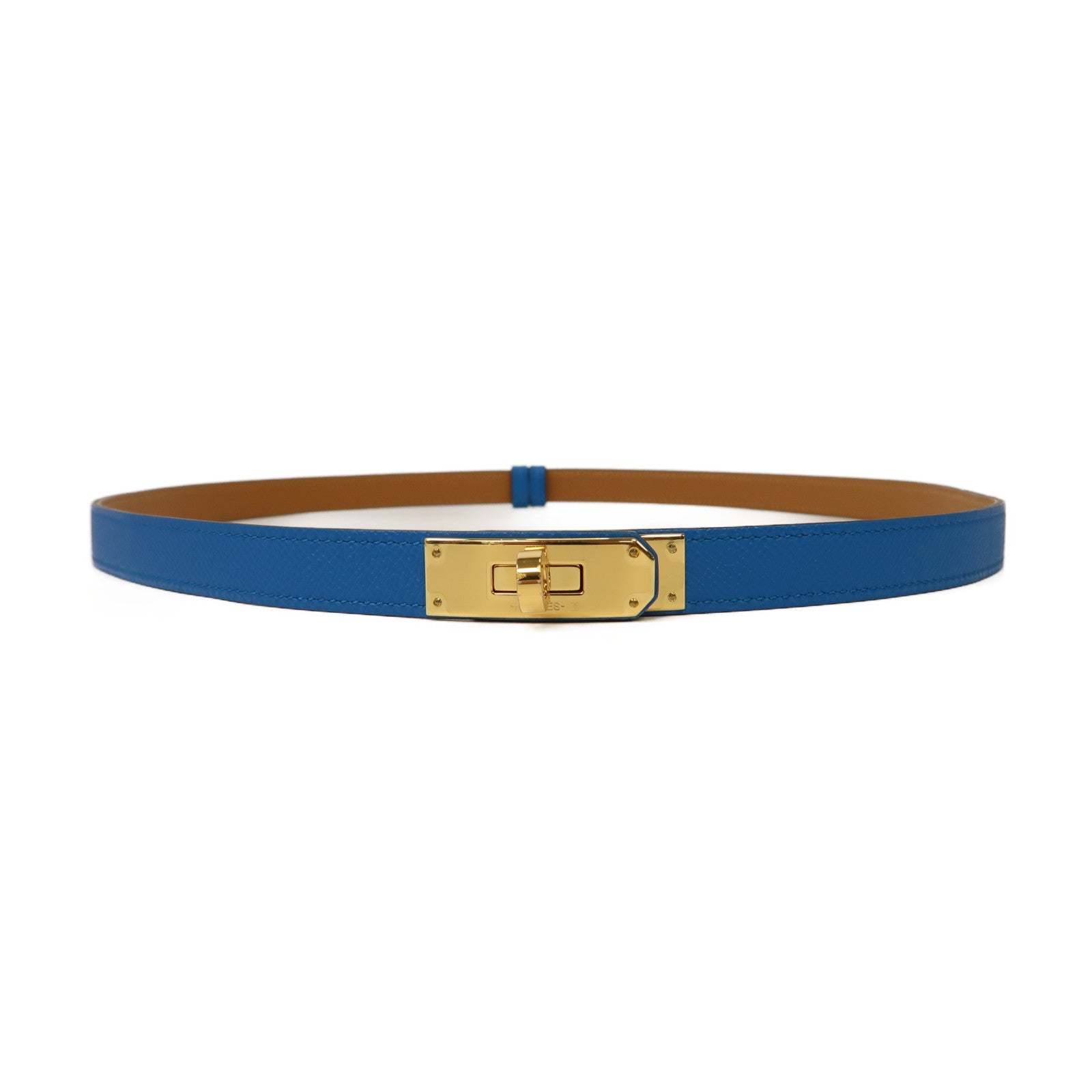 HERMES 皮革Kelly 18 Belt金扣皮帶藍色