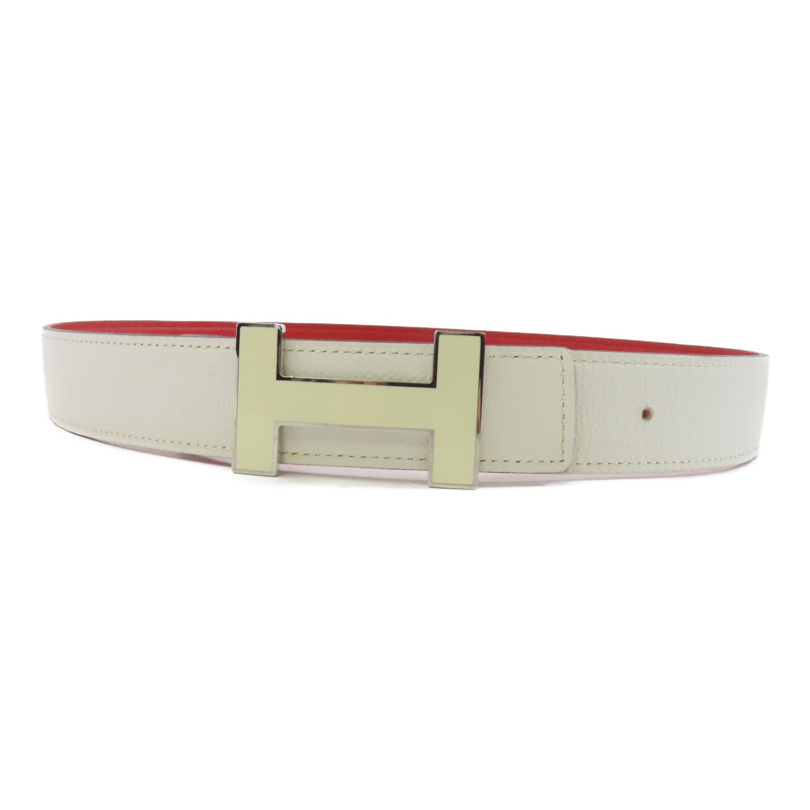 HERMES Epsom皮革H Belt 85cm銀扣皮帶白色