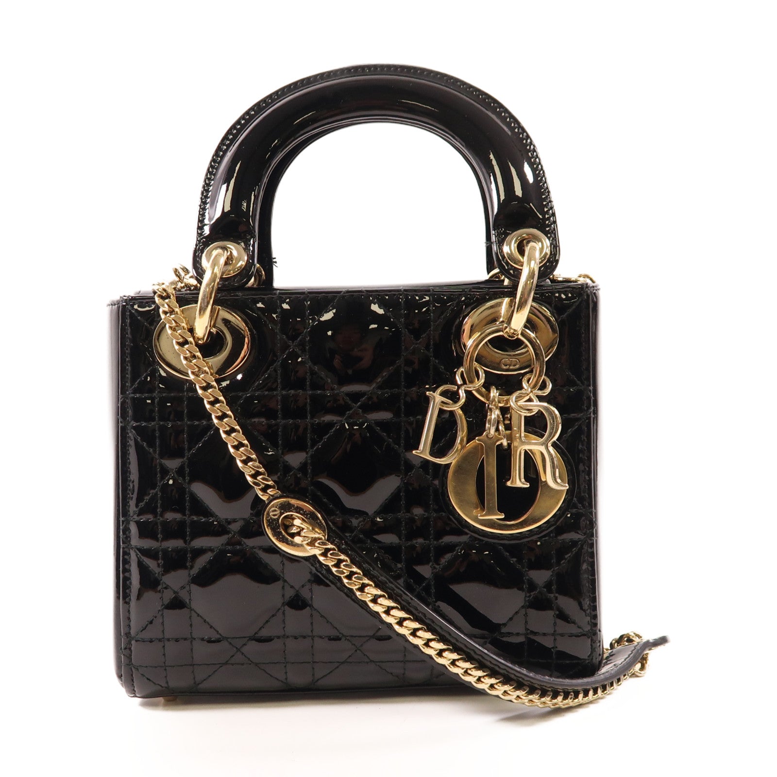 Dior 漆皮皮革Mini Lady Dior金扣鏈帶手挽肩背兩用袋