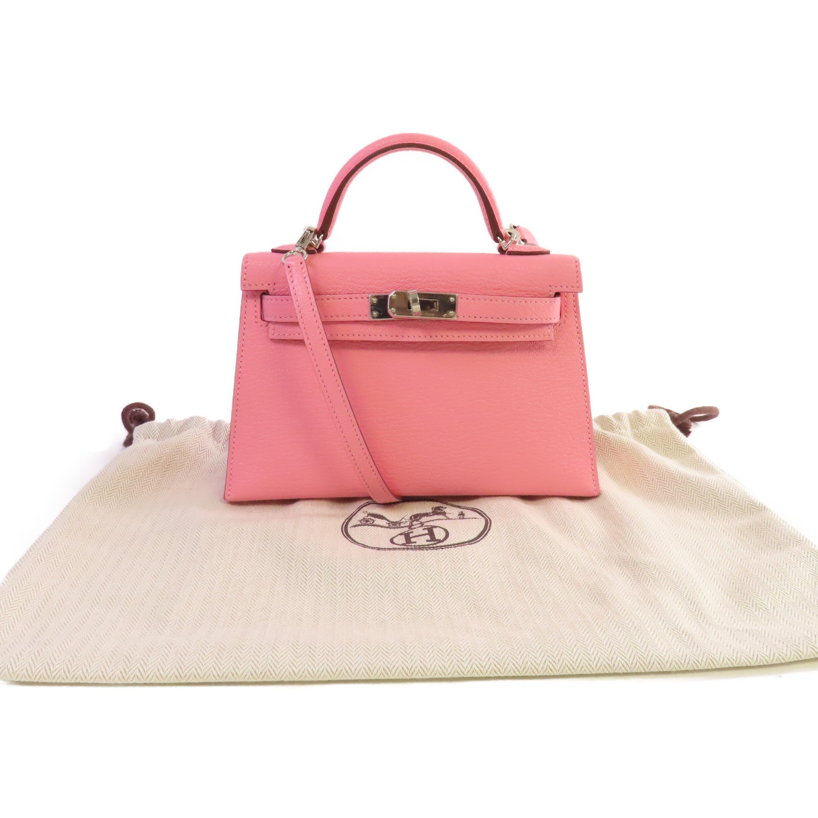 HERMES Chevre皮革Mini Kelly 2 2Way Shoulder Bag銀扣手挽肩背兩用袋Rose Confetti糖果粉色/Orange橙色
