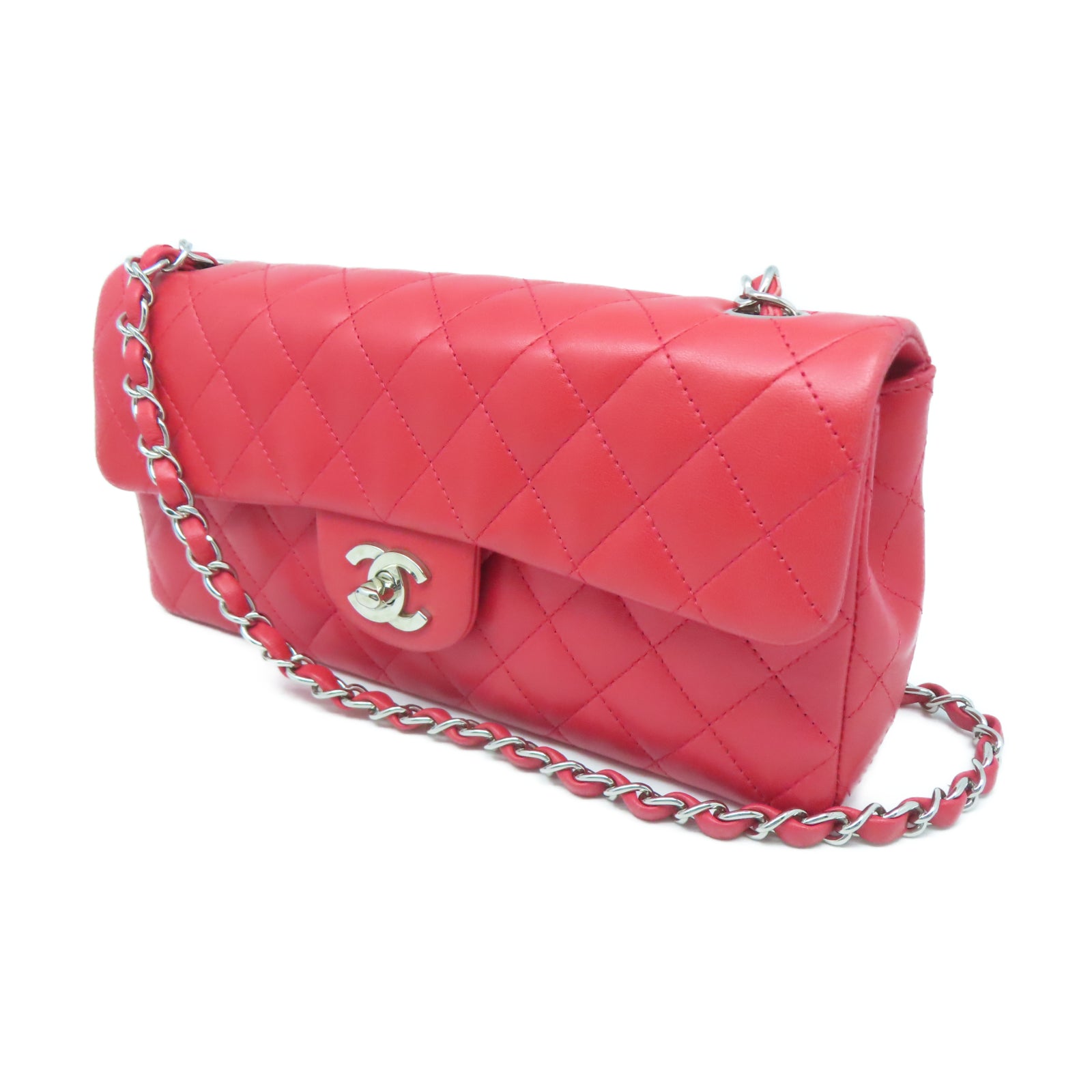 CHANEL 【清倉大減價】菱格牛皮皮革Shoulder Bag銀扣鏈帶肩背袋紅色