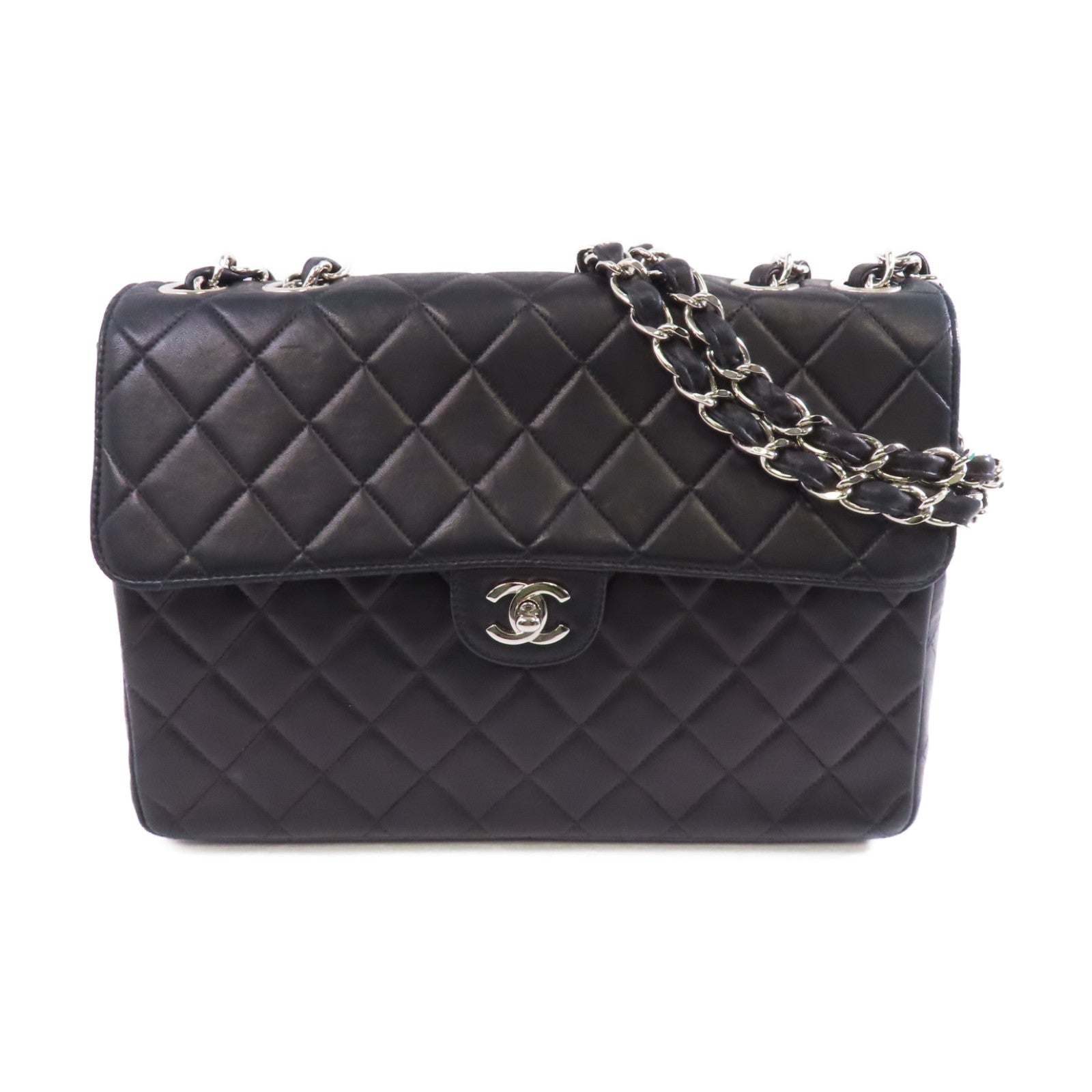 CHANEL 菱格牛皮皮革Classic Bag銀扣鏈帶肩背袋黑色