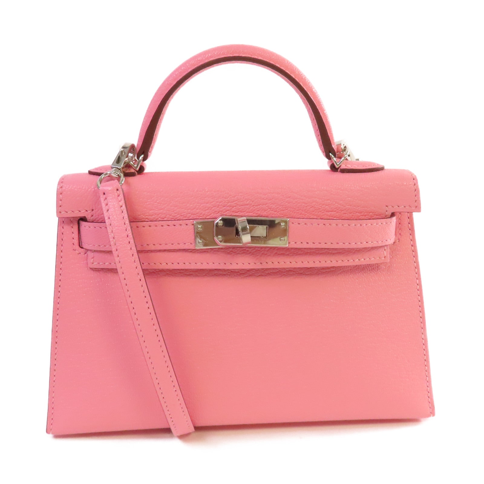 HERMES Chevre皮革Mini Kelly 2 2Way Shoulder Bag銀扣手挽肩背兩用袋Rose Confetti糖果粉色/Orange橙色