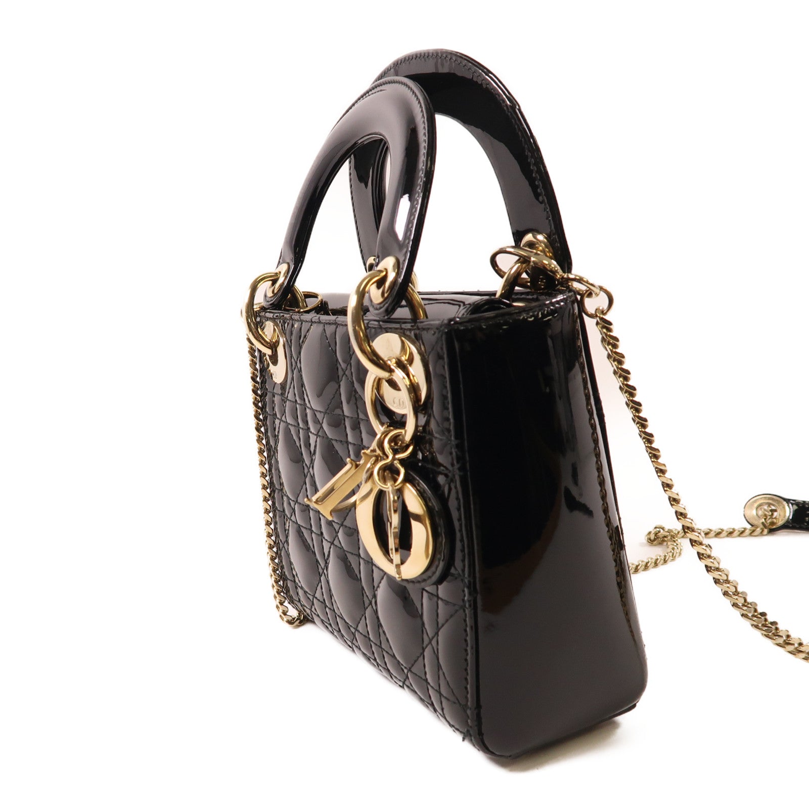 Dior 漆皮皮革Mini Lady Dior金扣鏈帶手挽肩背兩用袋