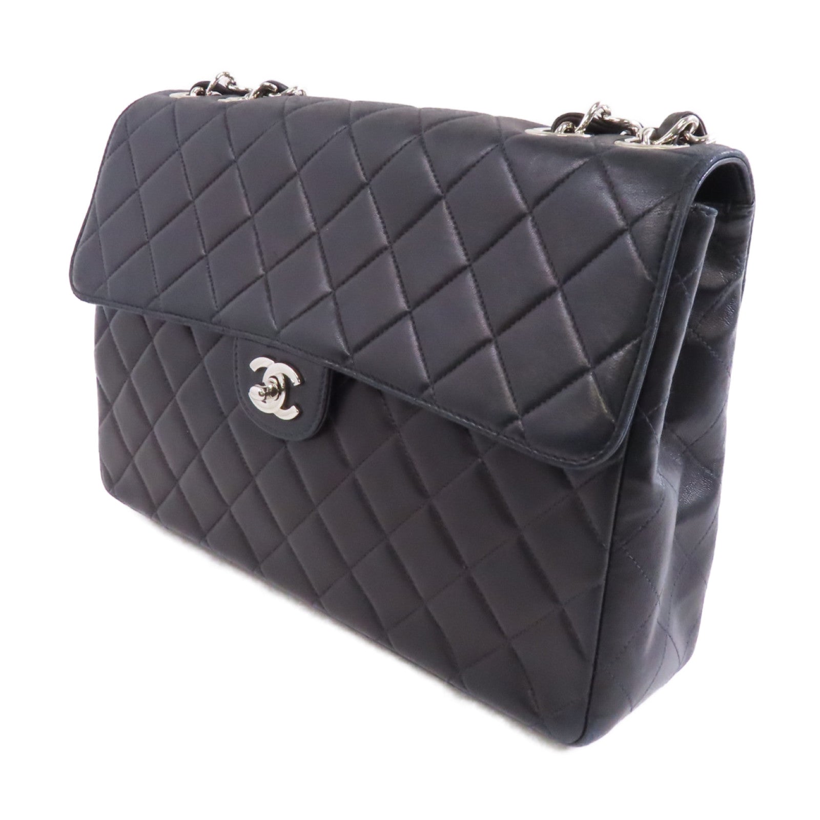 CHANEL 菱格牛皮皮革Classic Bag銀扣鏈帶肩背袋黑色