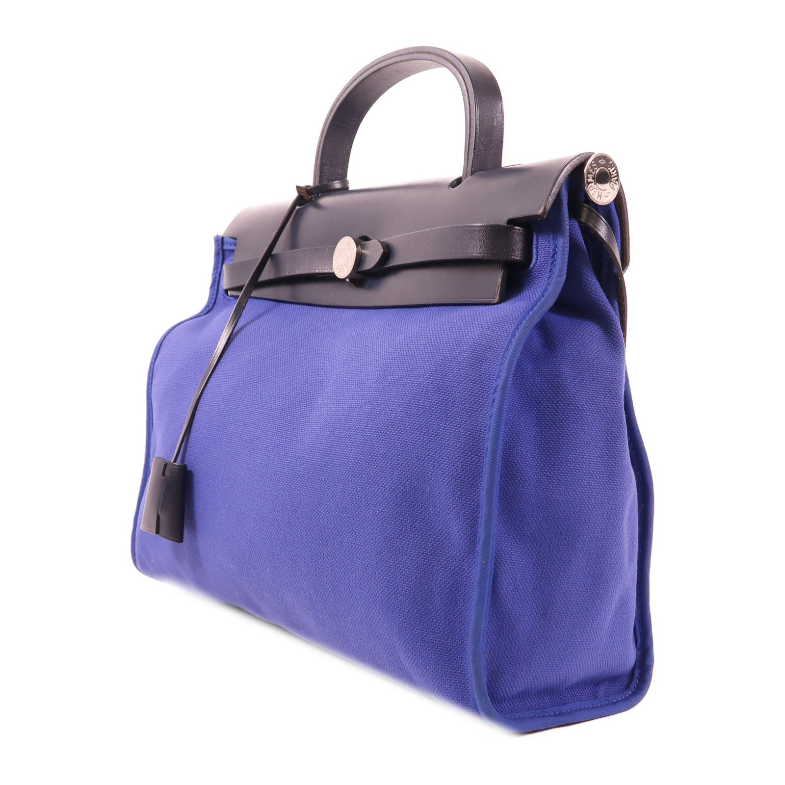 HERMES 帆布Herbag PM銀扣手挽肩背兩用袋Bleu Electrique